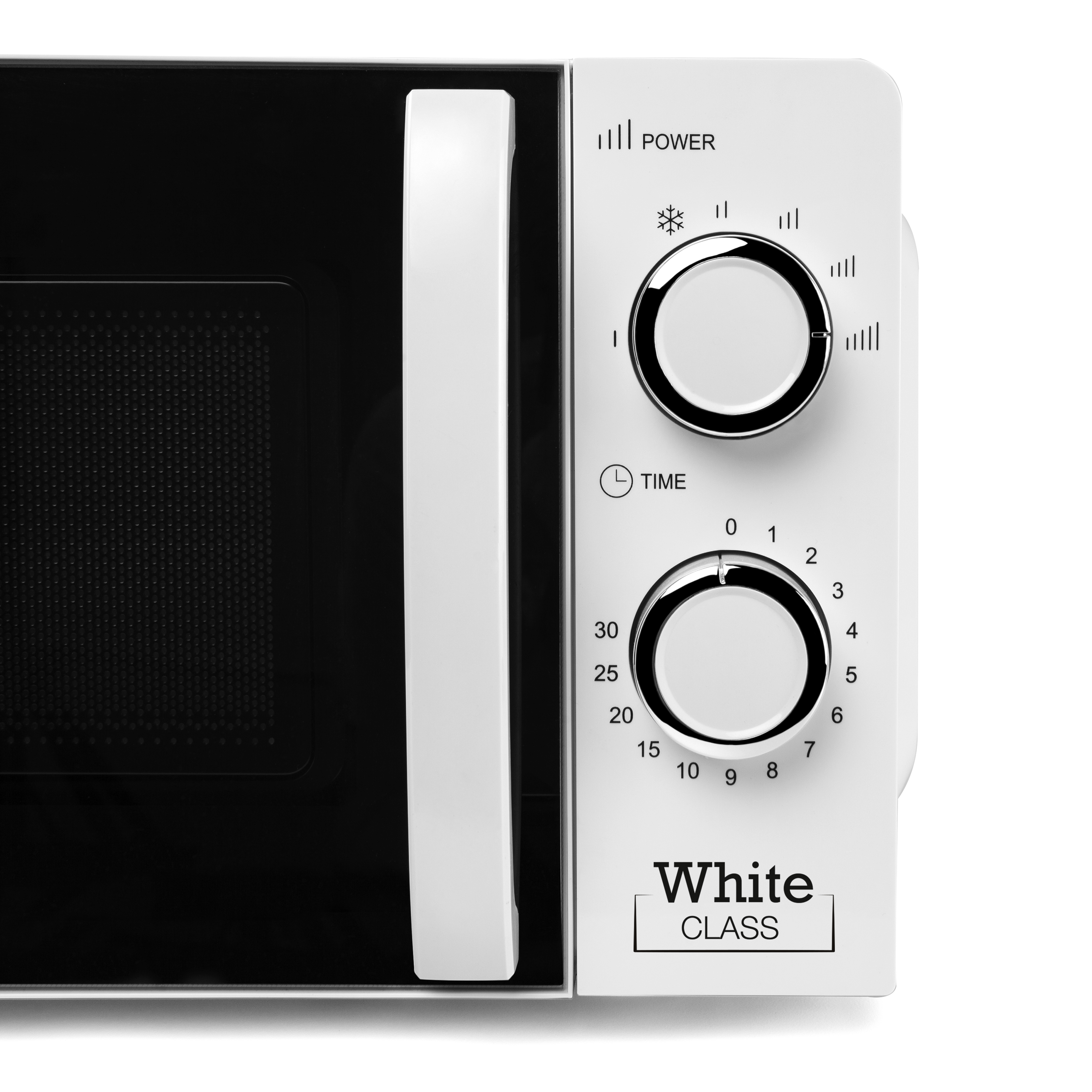 Microondas blanco con panel de control. Perillas y botones. Puerta izquierda.
