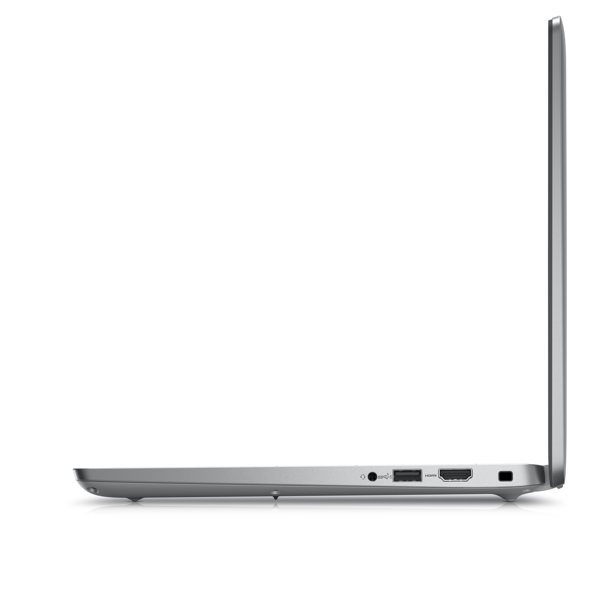 Vista laterale di un laptop grigio. Ha porte sul lato e un design sottile.