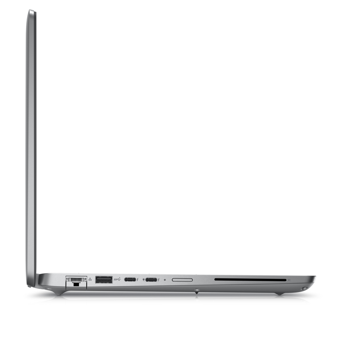 Vista laterale di un laptop argentato con diverse porte su sfondo bianco.