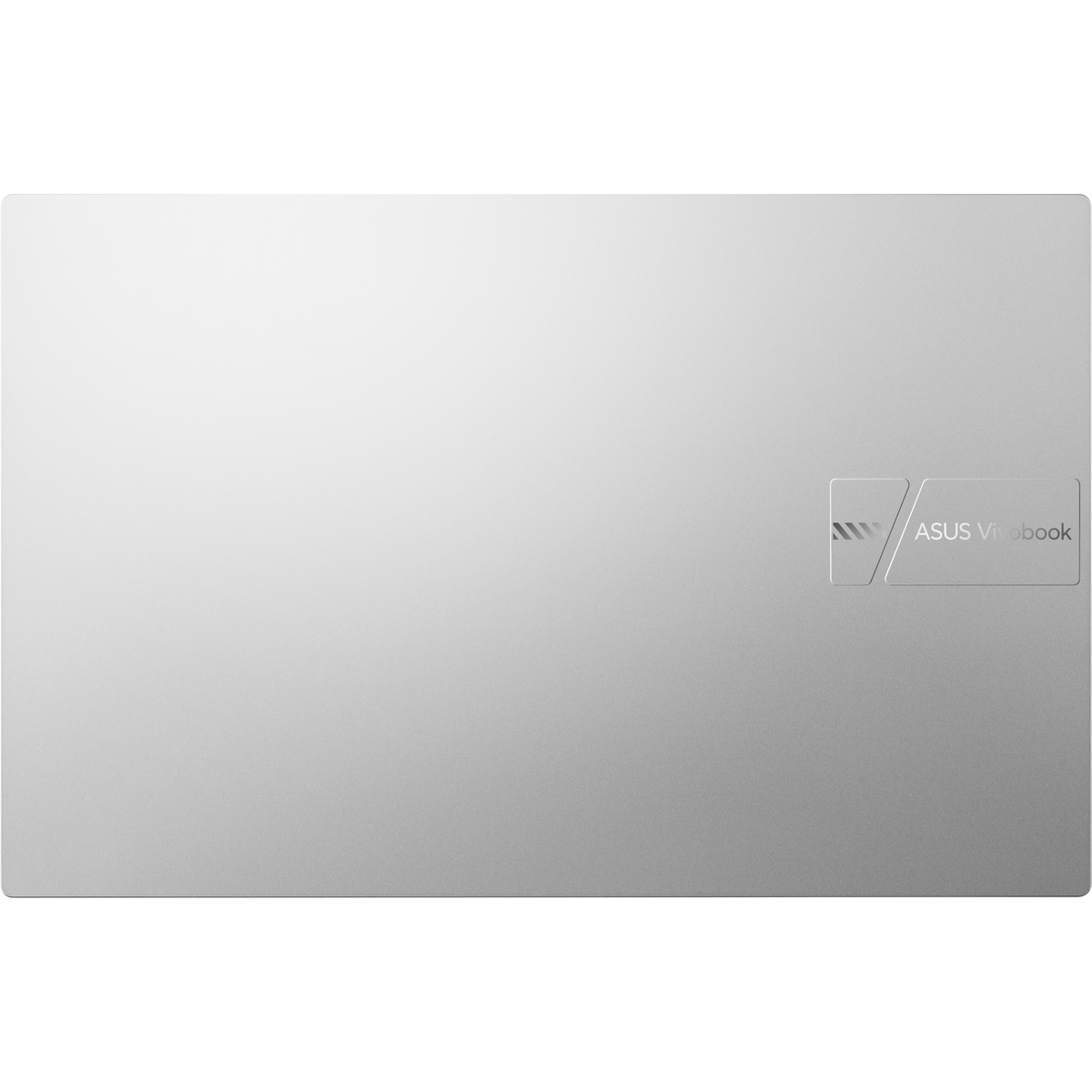 Srebrna pokrywa laptopa. Logo ASUS Vivobook jest po prawej stronie. Powierzchnia jest gładka i odbijająca światło.
