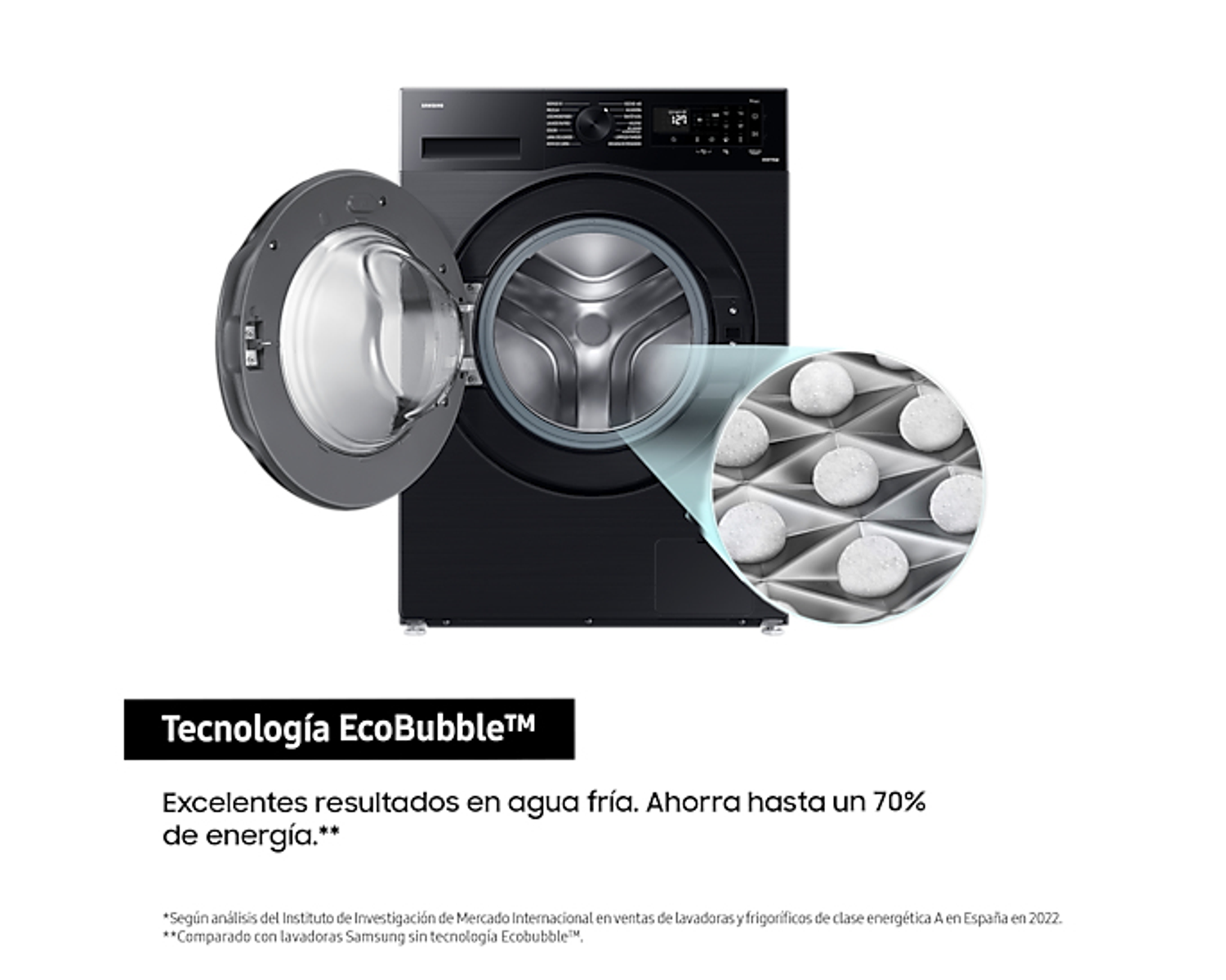 Czarna pralka Samsung z otwartymi drzwiami, pokazująca białe bąbelki i tekst.