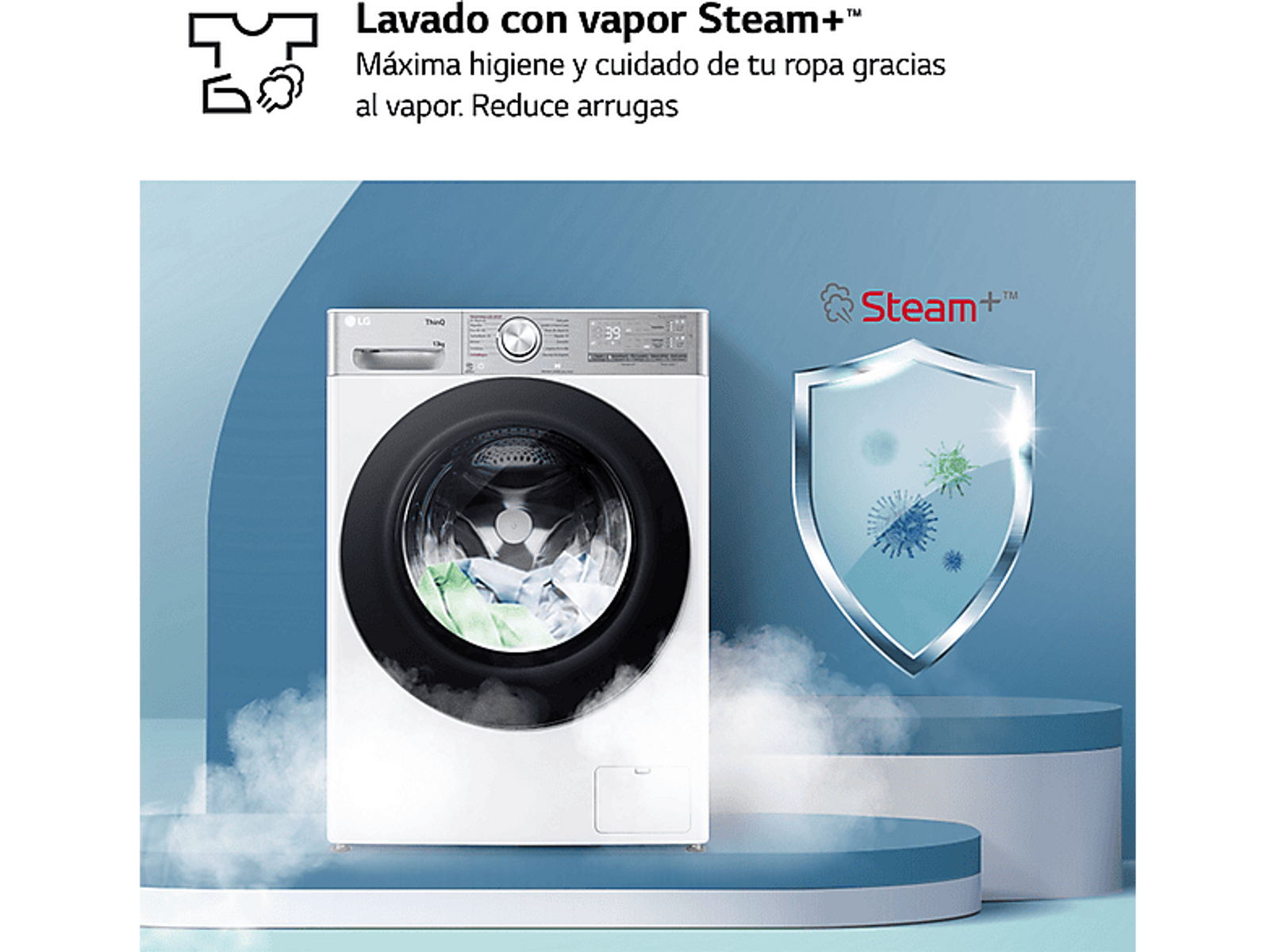 Una lavadora LG con función de lavado a vapor y un escudo con iconos de virus.