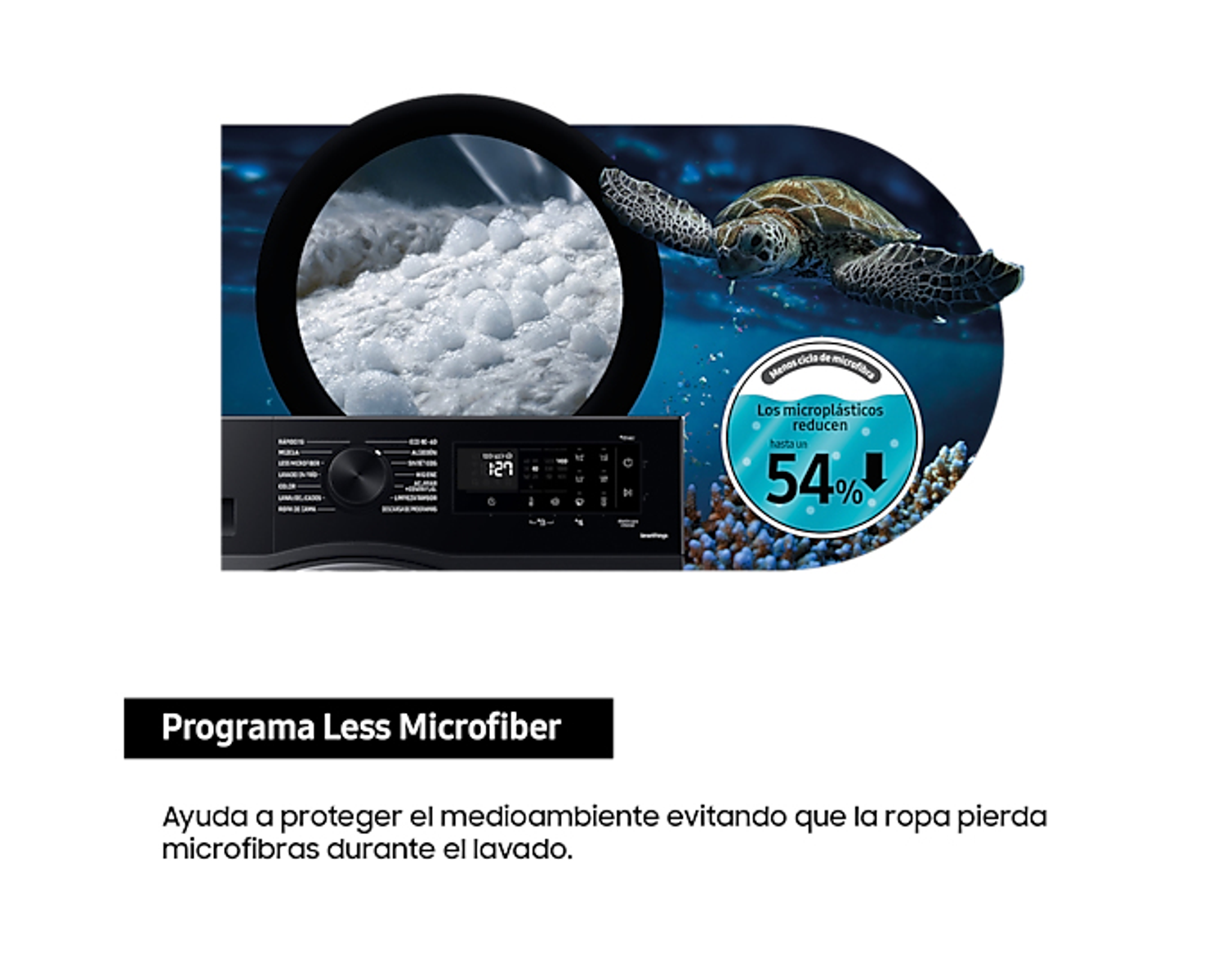 Obraz przedstawiający pralkę z pojemnikiem na detergent i żółwiem. Tekst o mikrowłóknach.