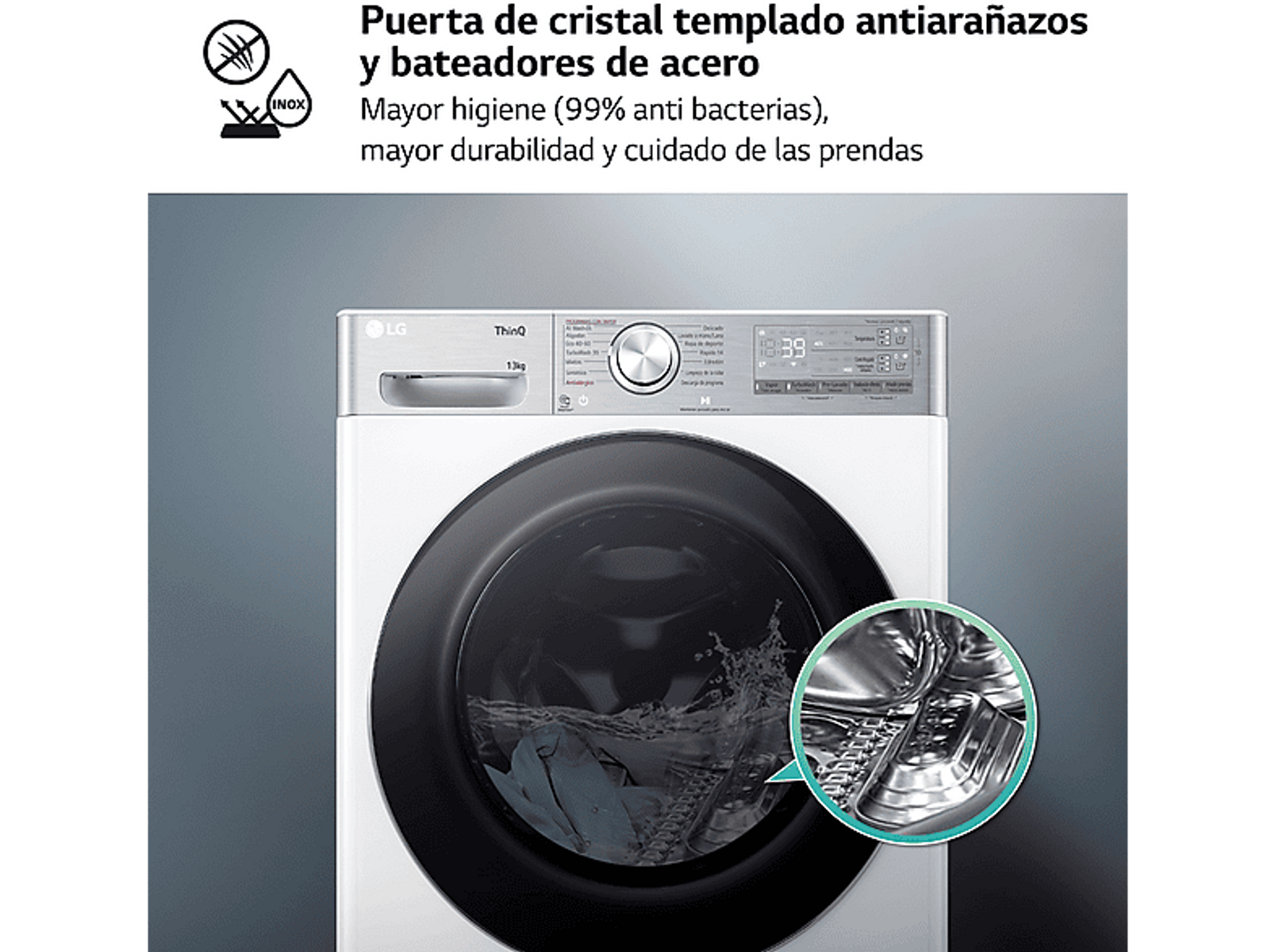 Lavadora con puerta de cristal. Superposición de texto, describiendo acero inoxidable antiarañazos.