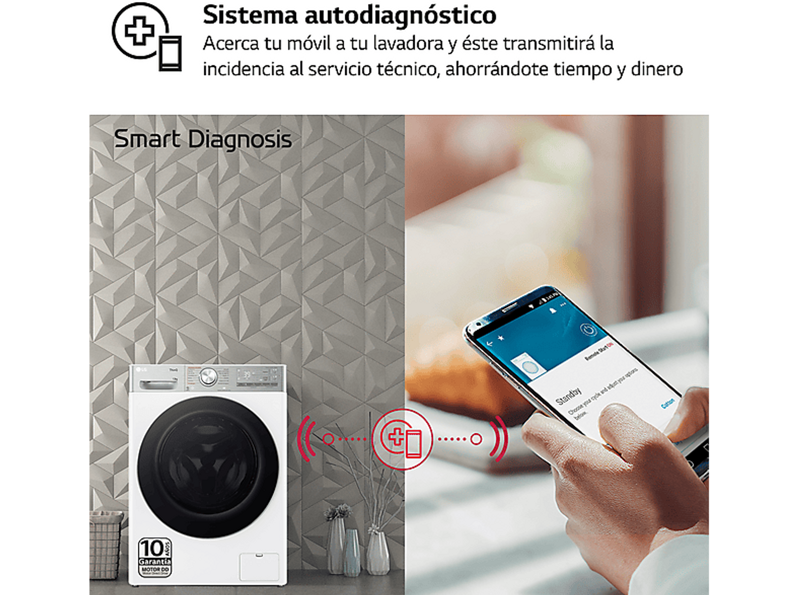 Mujer usa teléfono para diagnosticar lavadora. Máquina y teléfono conectados.