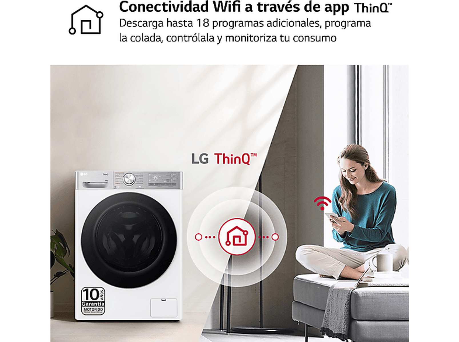 Una mujer usando un teléfono cerca de una lavadora con texto sobre conectividad WiFi.