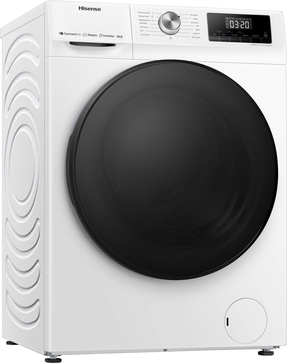 HISENSE WFQA9014EVJMW Lavatrice, Caricamento frontale, 9 kg, Profondità 61,0 cm, Giri 1400 rpm, Nero, Bianco, livello rumorosità centrifuga 72 dB(A), Classe A