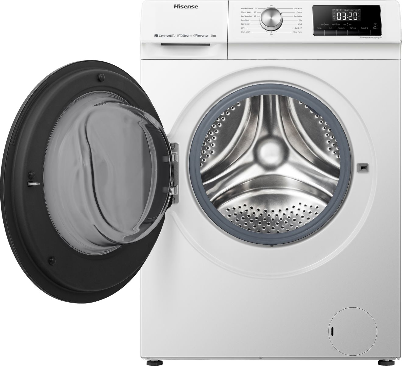 HISENSE WFQA9014EVJMW Lavatrice, Caricamento frontale, 9 kg, Profondità 61,0 cm, Giri 1400 rpm, Nero, Bianco, livello rumorosità centrifuga 72 dB(A), Classe A