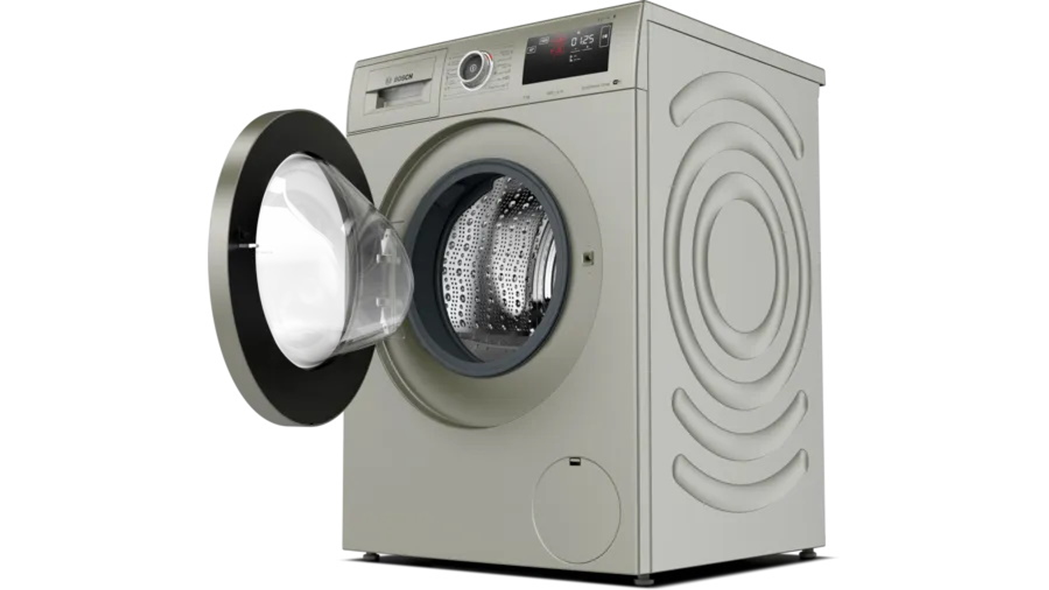 Srebrna pralka z otwartymi drzwiami, szarym wnętrzem i białym tłem.
