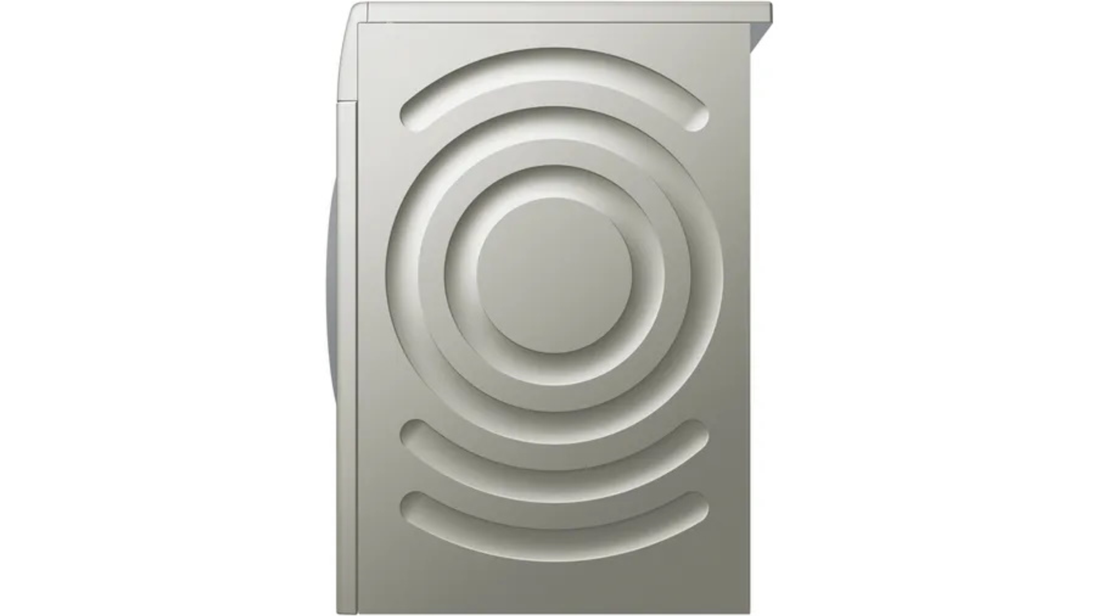 Przód pralki, widok z góry. Srebrny kolor. Koncentryczny wzór okręgów na panelu.