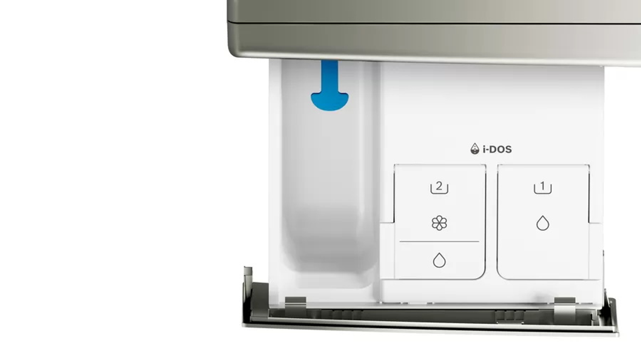 Komora na detergent pralki, biała i szara. Pokazuje etykiety i-DOS i przegrody. Białe tło.