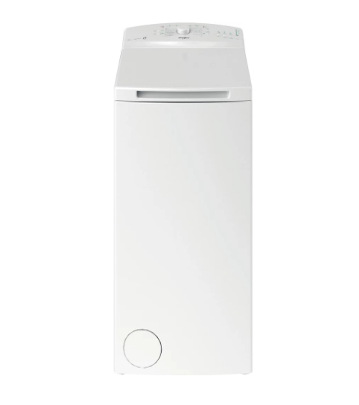 Una lavadora blanca con la puerta cerrada. Tiene un dial redondo y una pantalla.