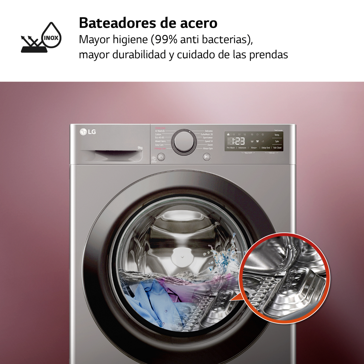 Pralka ze zbliżeniem bębna. Wewnątrz widoczne są ubrania.