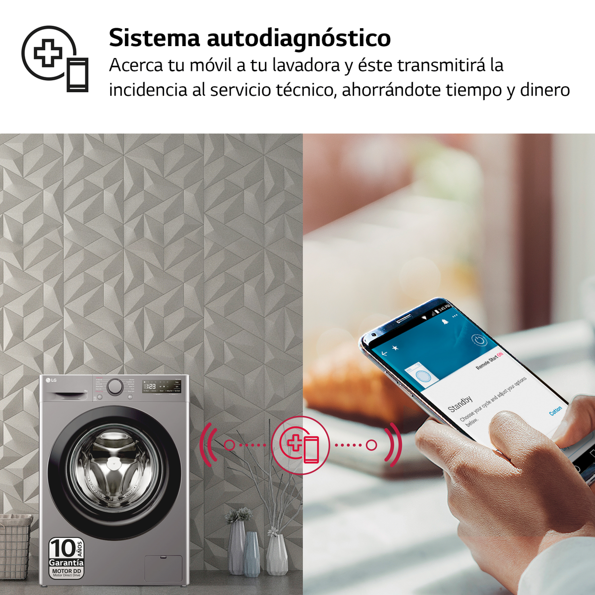 Pralka i telefon. Telefon wyświetla interfejs pralki.