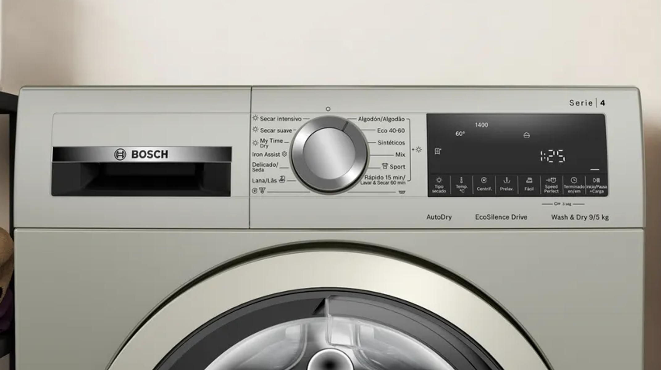Secadora Bosch plateada, botones, dial y pantalla digital. Pared beige al fondo.