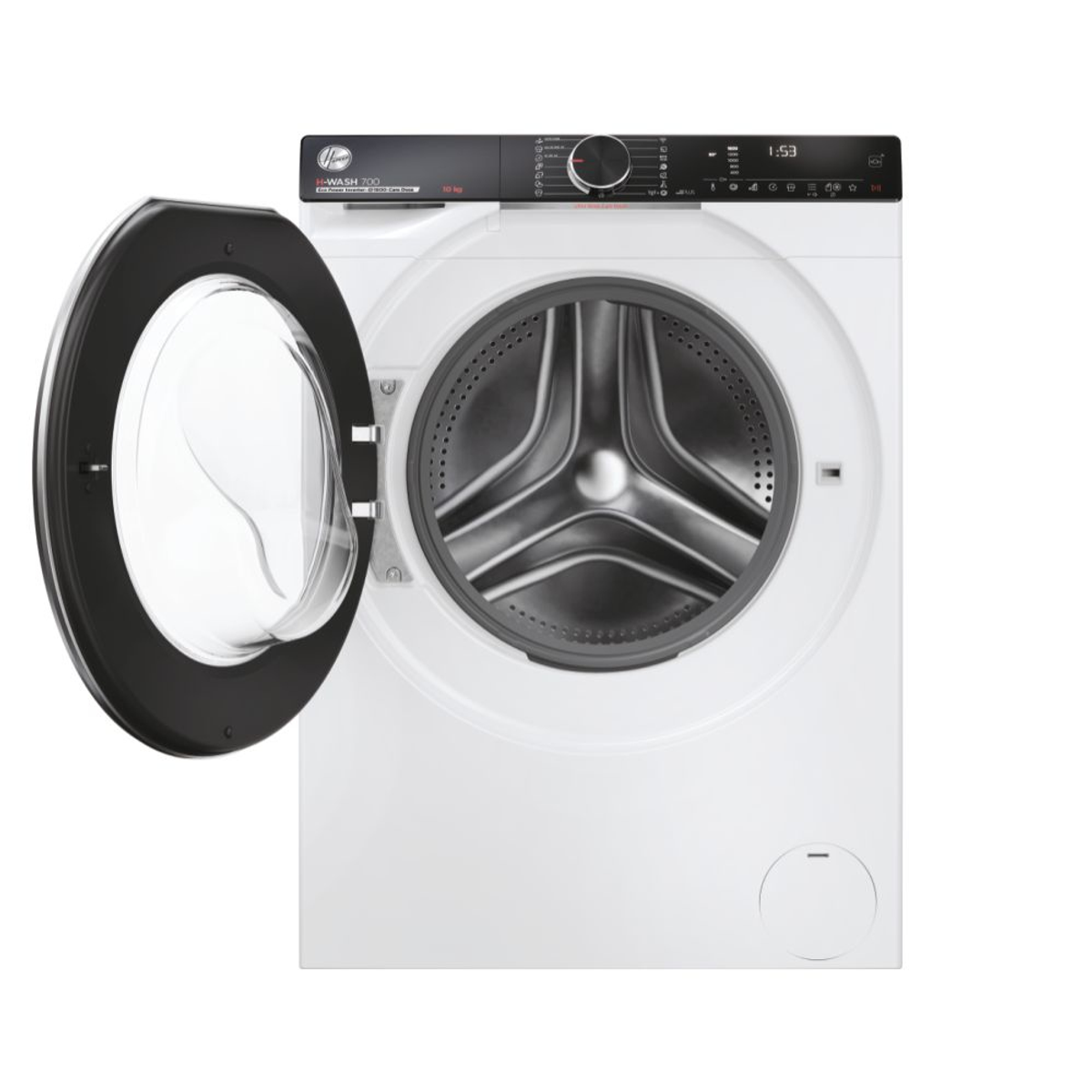 Kapısı açık beyaz bir çamaşır makinesi. Marka Hoover, model H-WASH 300.