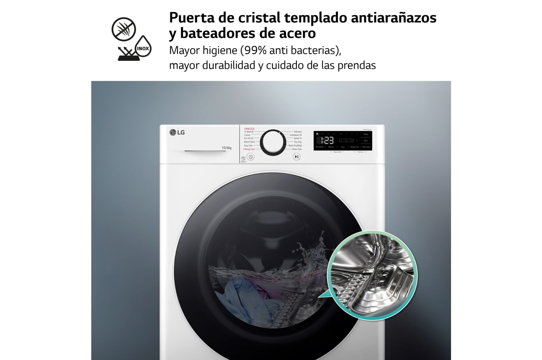 Pralka LG. Widok z przodu, pokazujący drzwi, panel sterowania i tekst o antybakteryjności i trwałości.