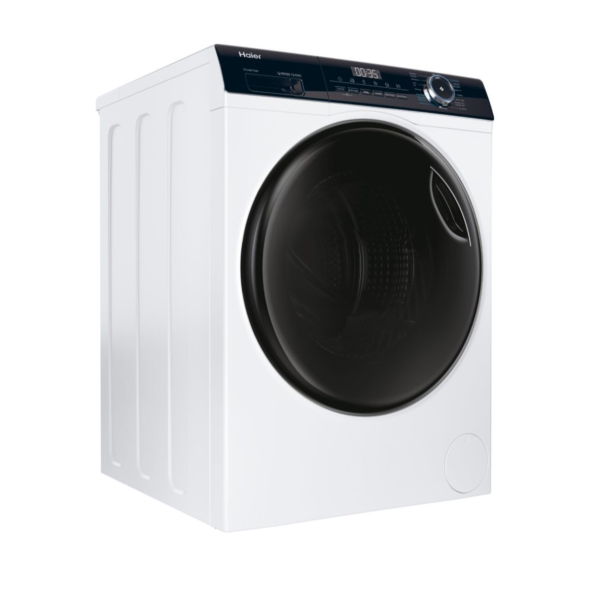 Lavadora Haier blanca. Diseño de carga frontal con puerta negra y panel de control.