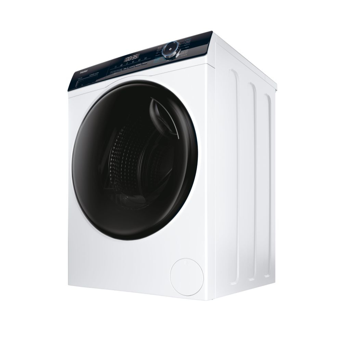 Lavadora Haier blanca con puerta negra, sobre un fondo blanco.