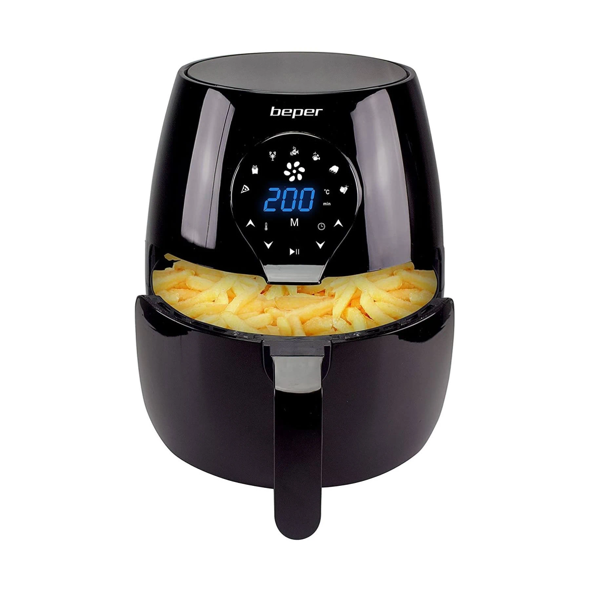 Czarna frytkownica powietrzna z frytkami i wyświetlaczem cyfrowym 200°C.