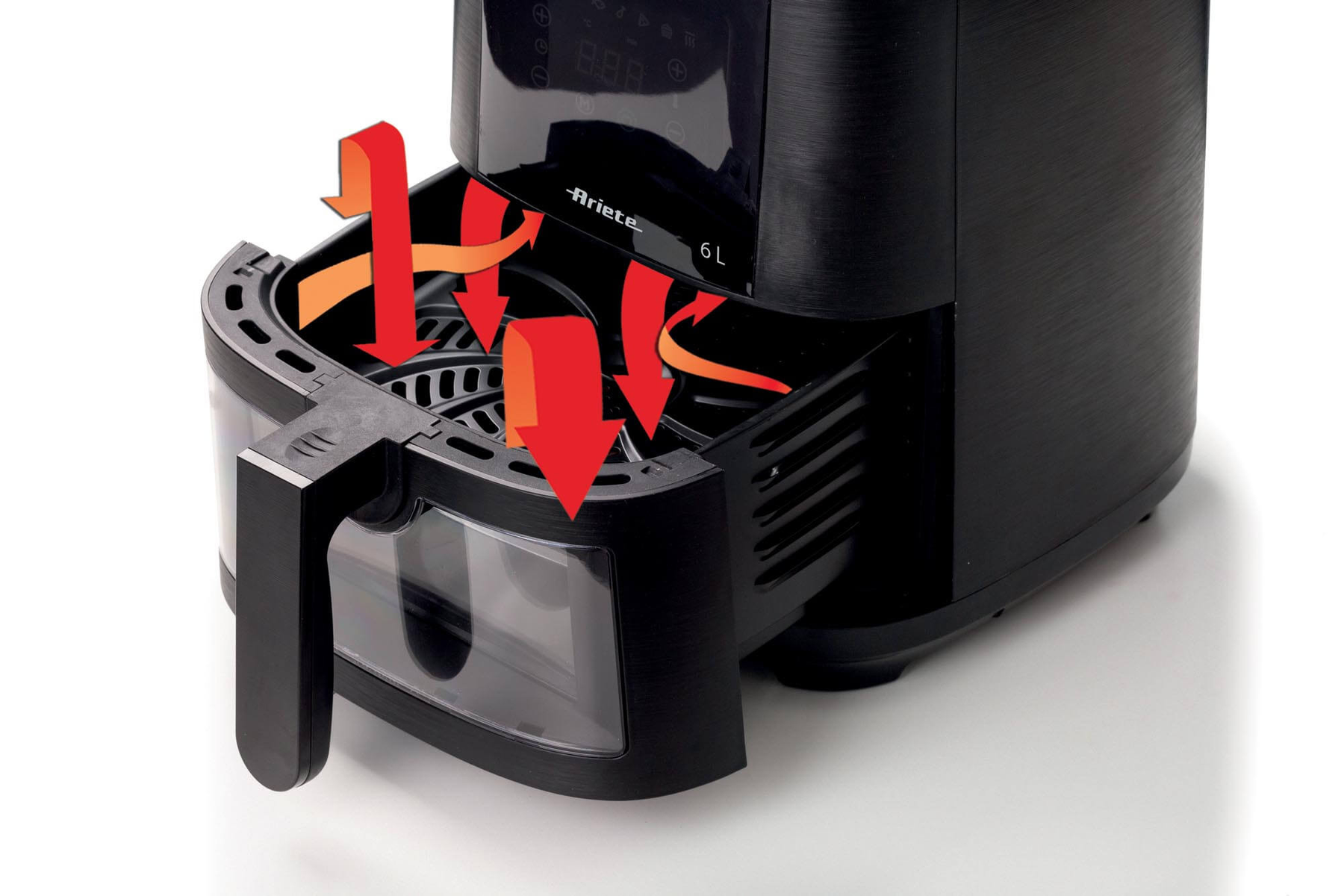 Czarna frytkownica powietrzna z otwartą szufladą. Czerwone strzałki wskazują kierunek przepływu powietrza.