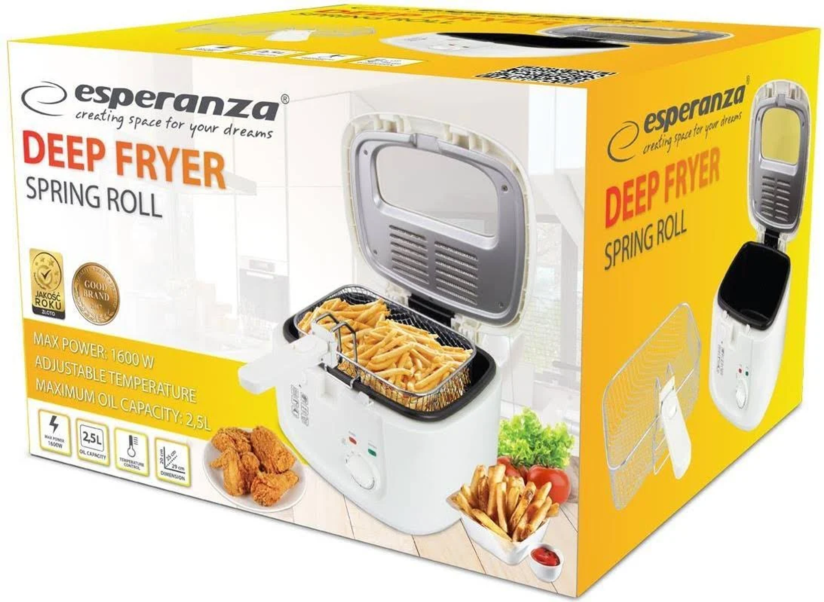 Pudełko frytownicy ze zdjęciem frytownicy, frytek i innych potraw.