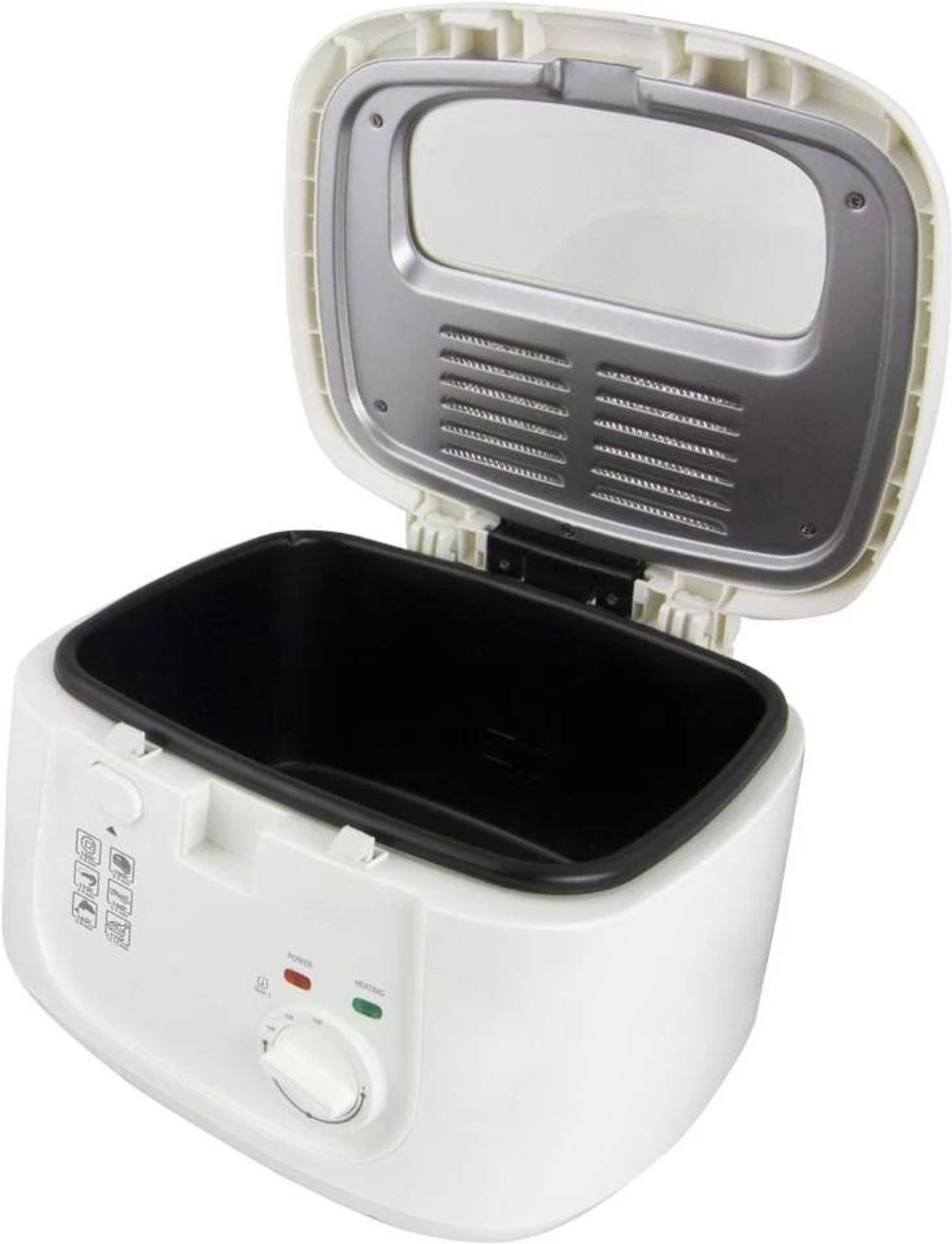 Biała frytownica z otwartą pokrywą, pokazująca wnętrze.