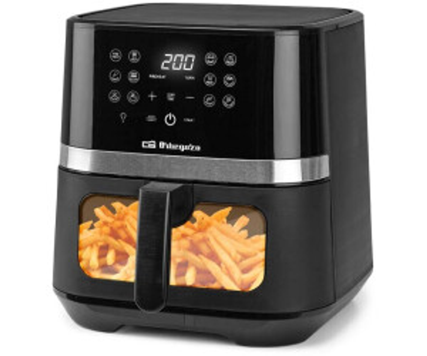 Friggitrice ad aria nera con patatine fritte, display digitale e pulsanti. Sfondo nero.
