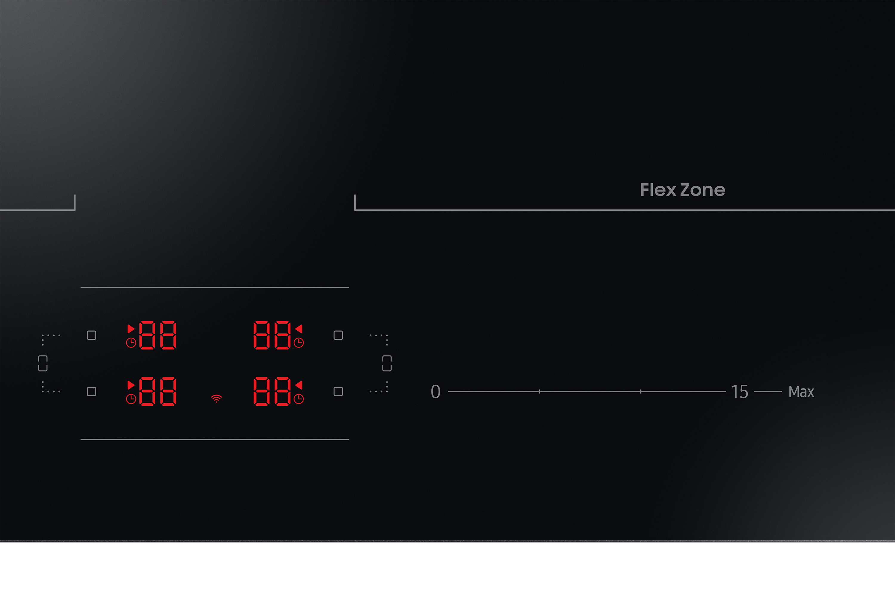 Piano cottura a induzione nero. Visualizza numeri sul pannello di controllo. Flex Zone.