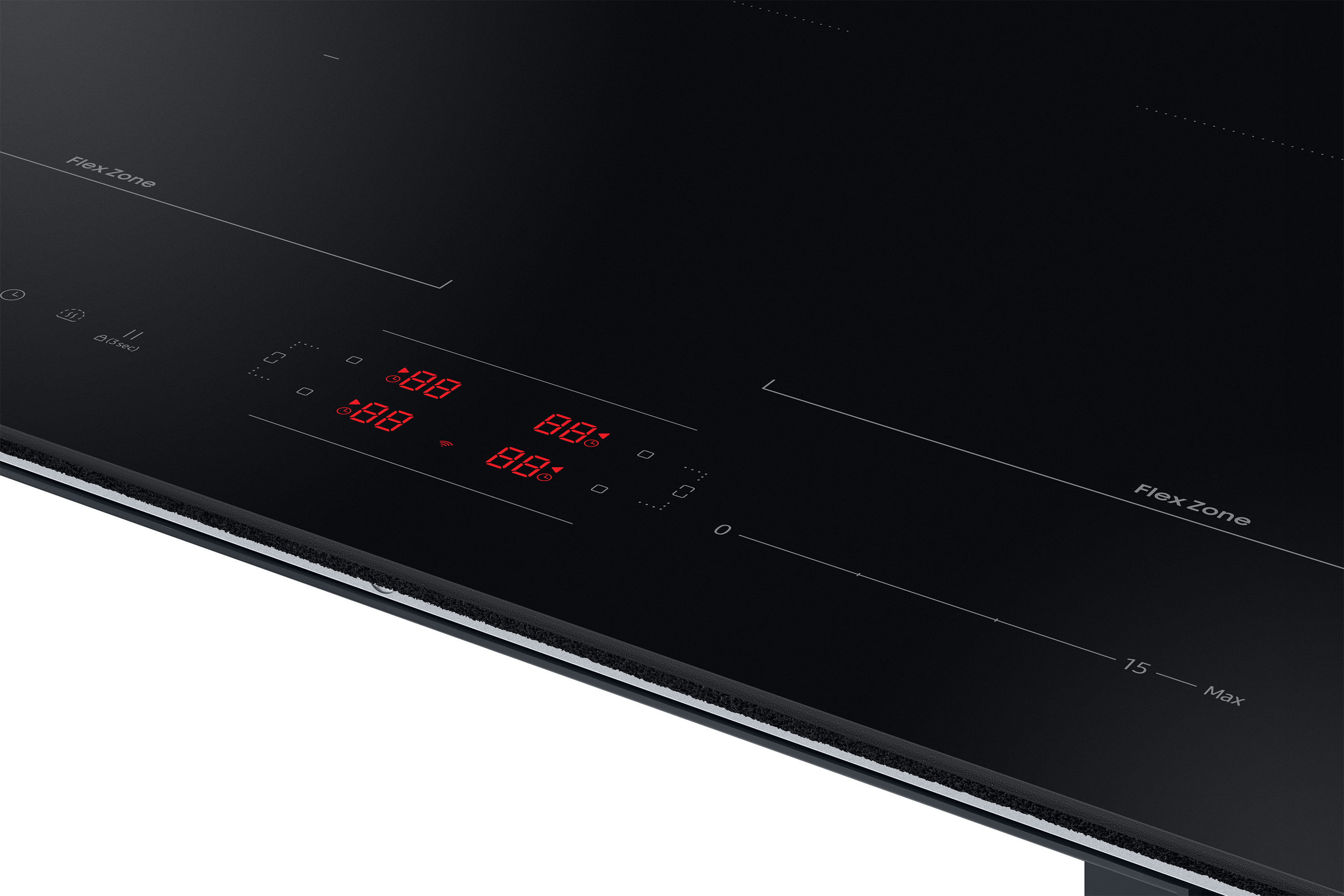 Un piano cottura a induzione nero con display digitale che mostra numeri.