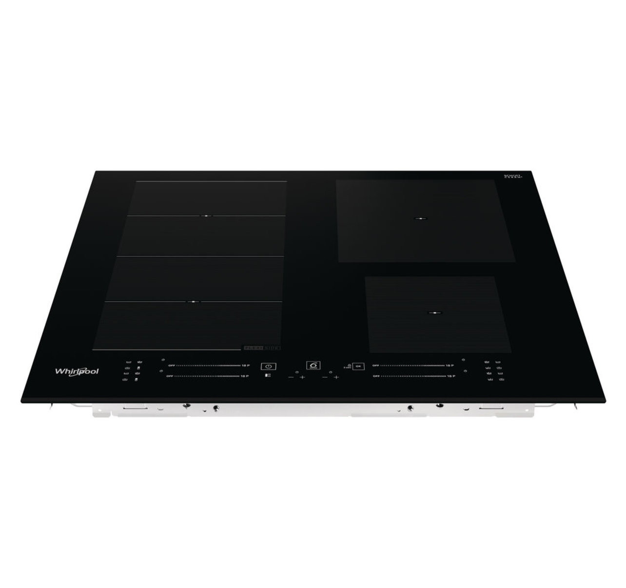 Table de cuisson à induction noire avec quatre zones de cuisson, surface vitrée.