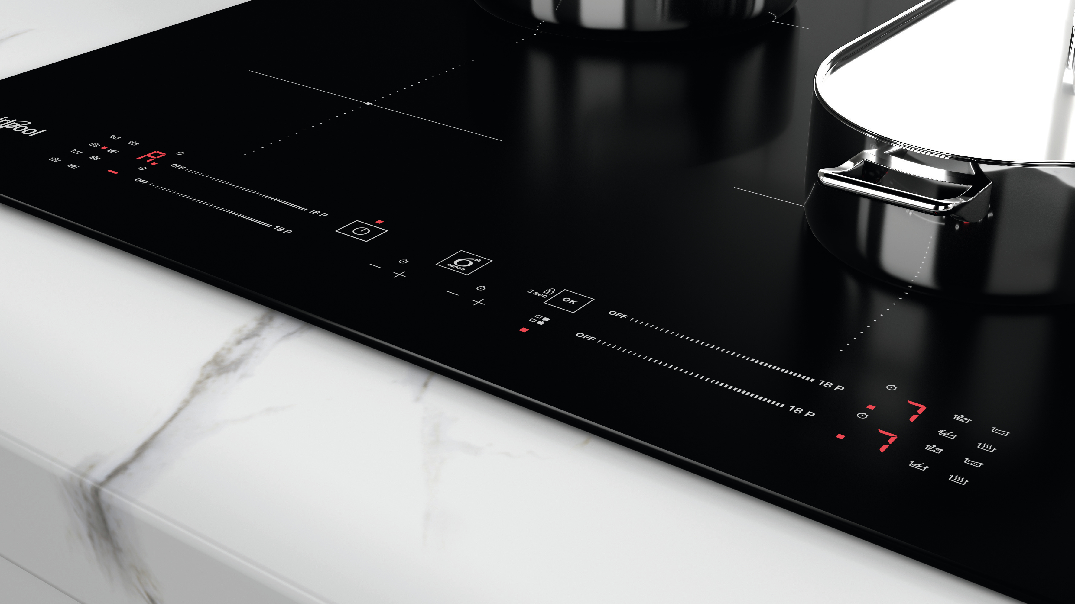 Piano cottura a induzione Whirlpool nero. Comandi e fornelli visibili, con pentola in acciaio inox.