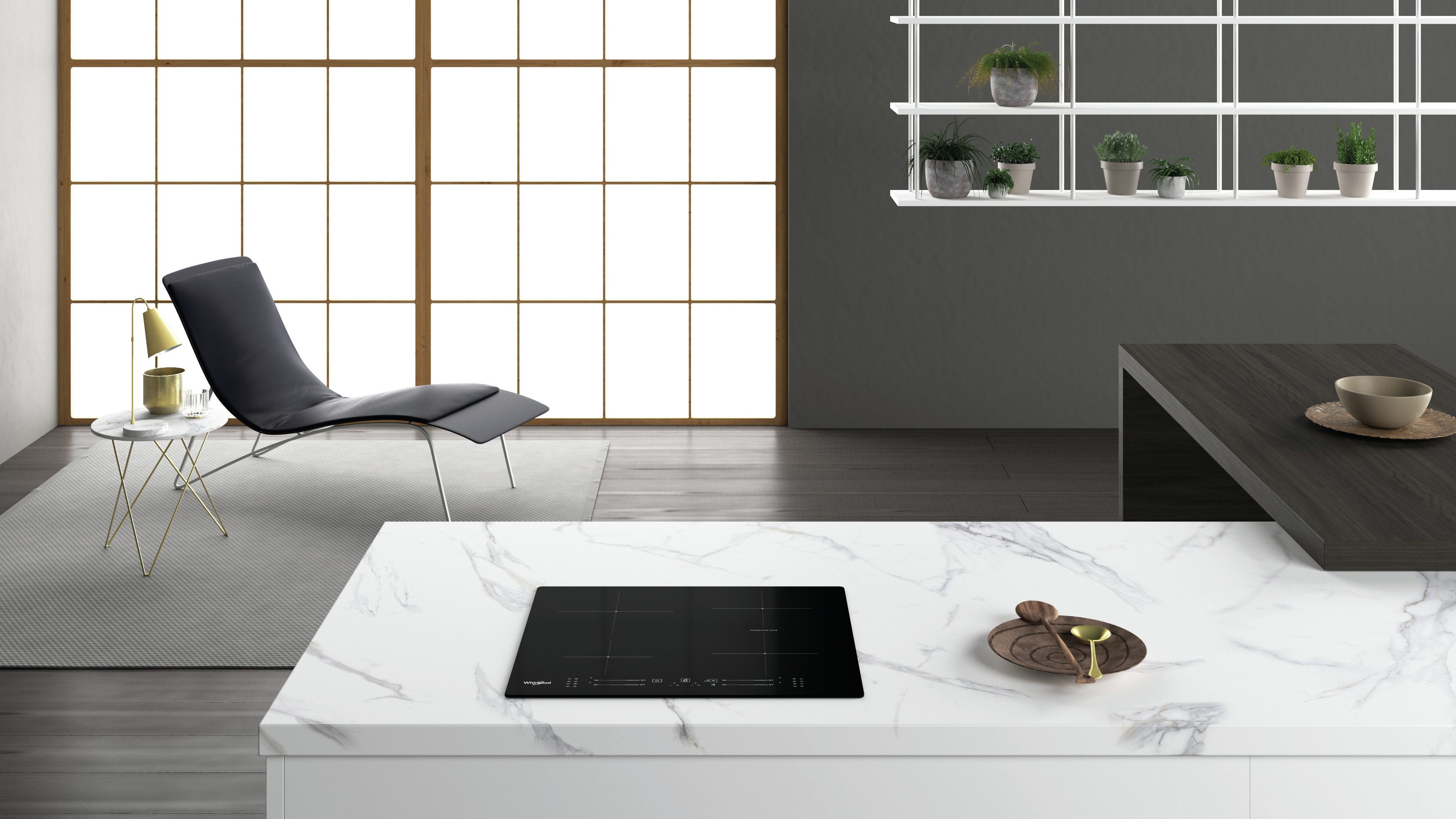 Cucina moderna con isola, piano cottura e sedute. Piano di lavoro in marmo bianco, pareti grigie.
