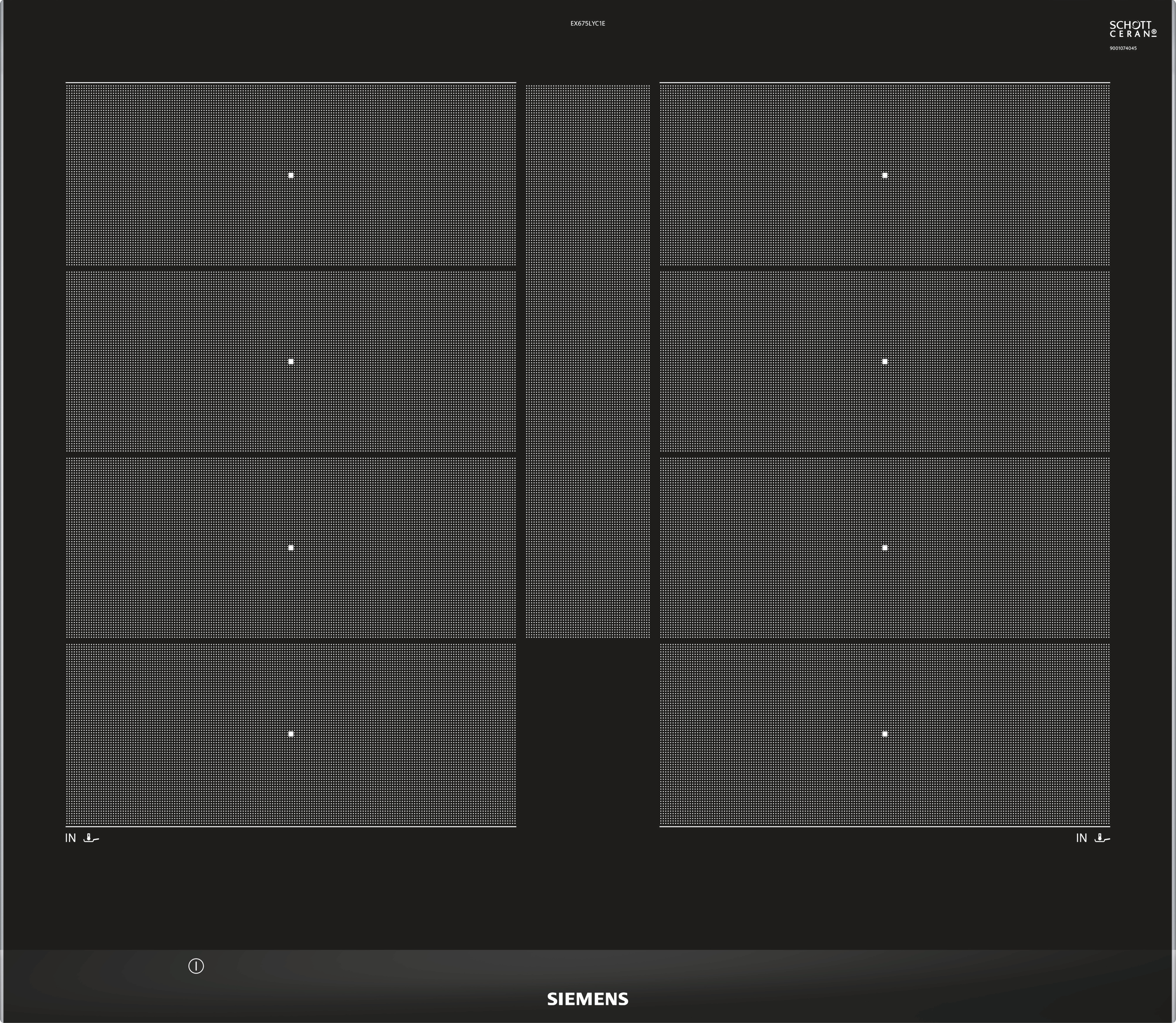Płyta indukcyjna z siedmioma strefami gotowania. Powierzchnia jest czarna i oznaczona białymi kropkami.