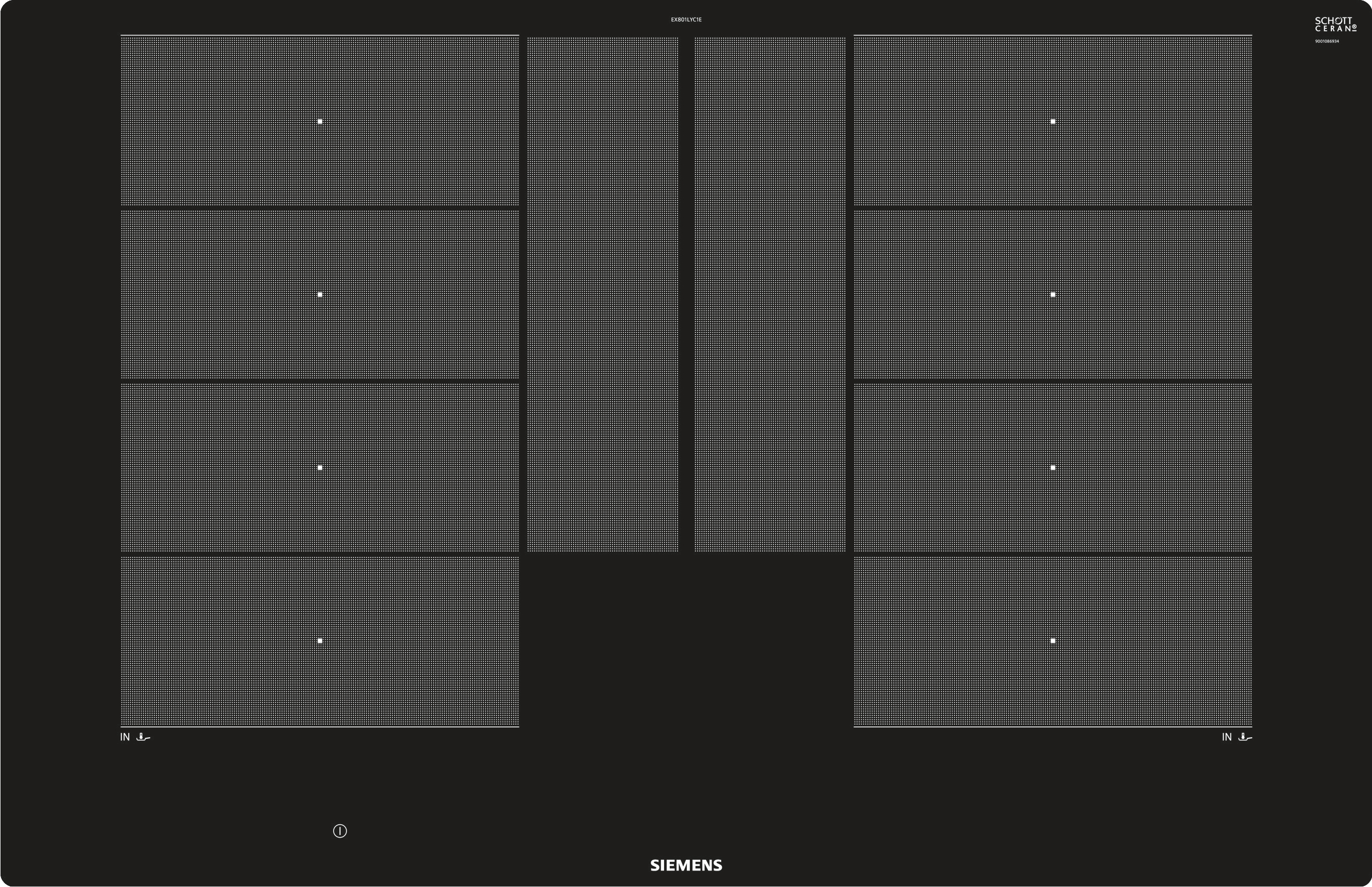 Czarna płyta indukcyjna z kratkowanymi strefami gotowania. Logo Siemens na dole.