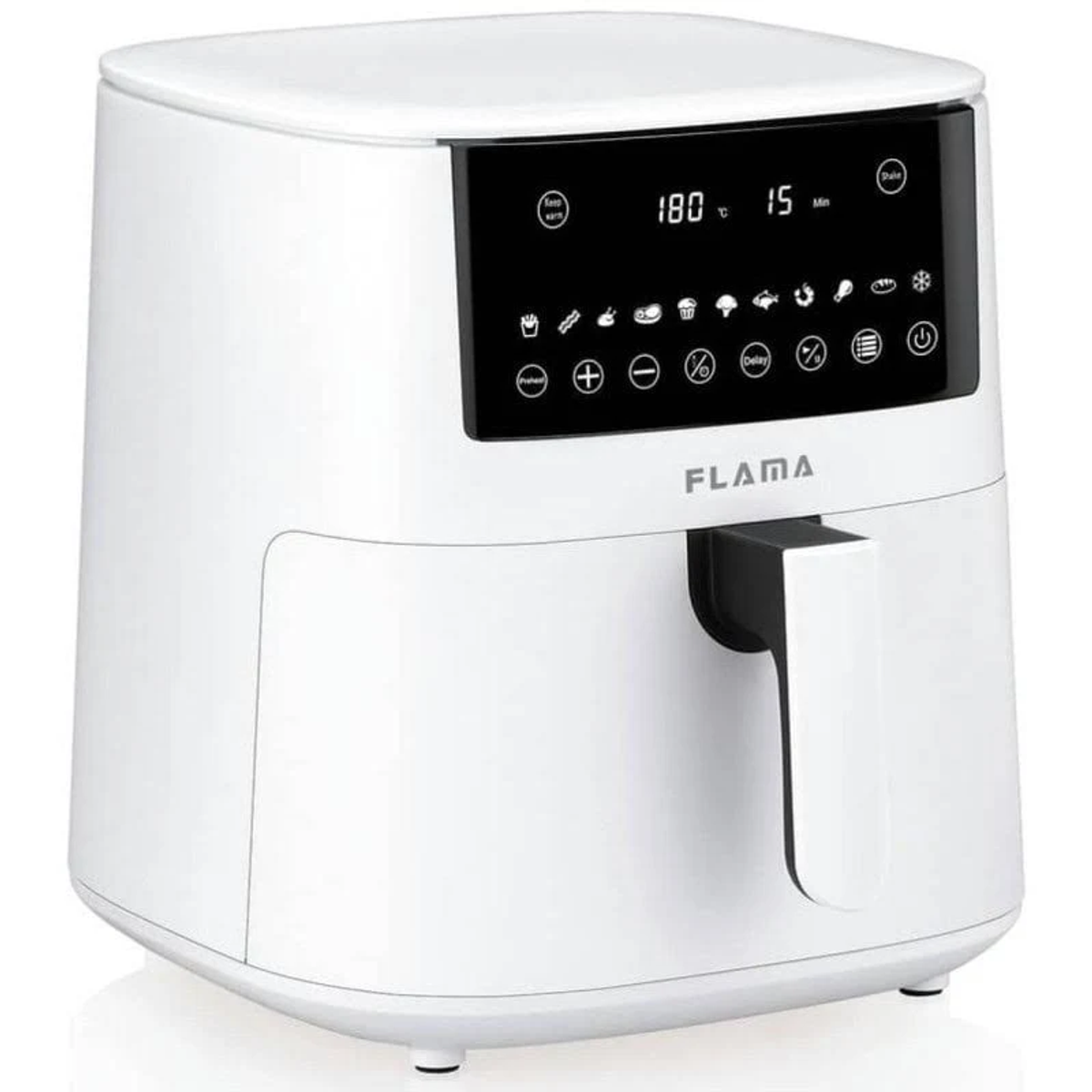 Friggitrice ad aria bianca con display digitale e pannello di controllo su sfondo bianco.