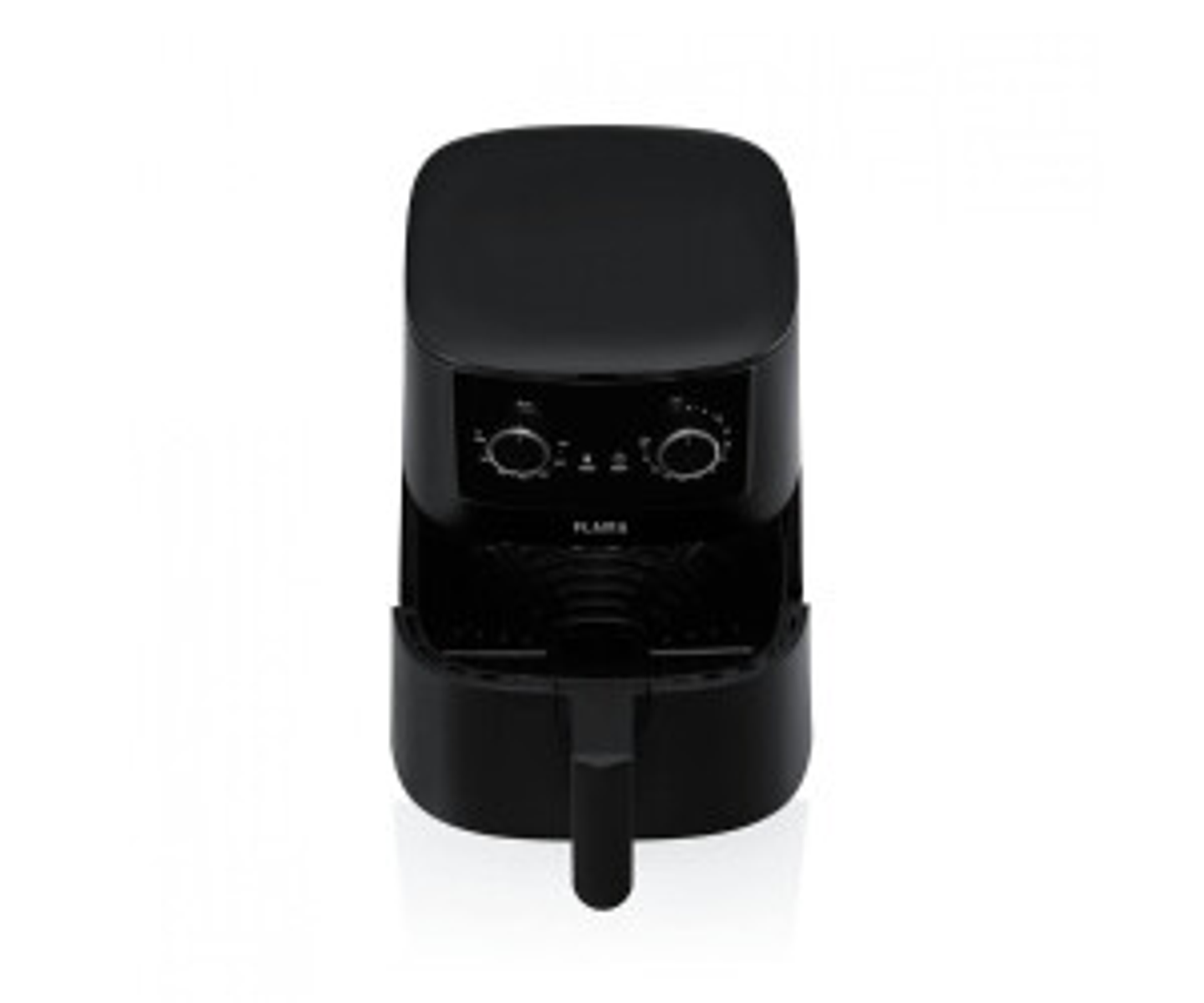Czarna frytownica powietrzna z dwoma pokrętłami i uchwytem na białym tle.