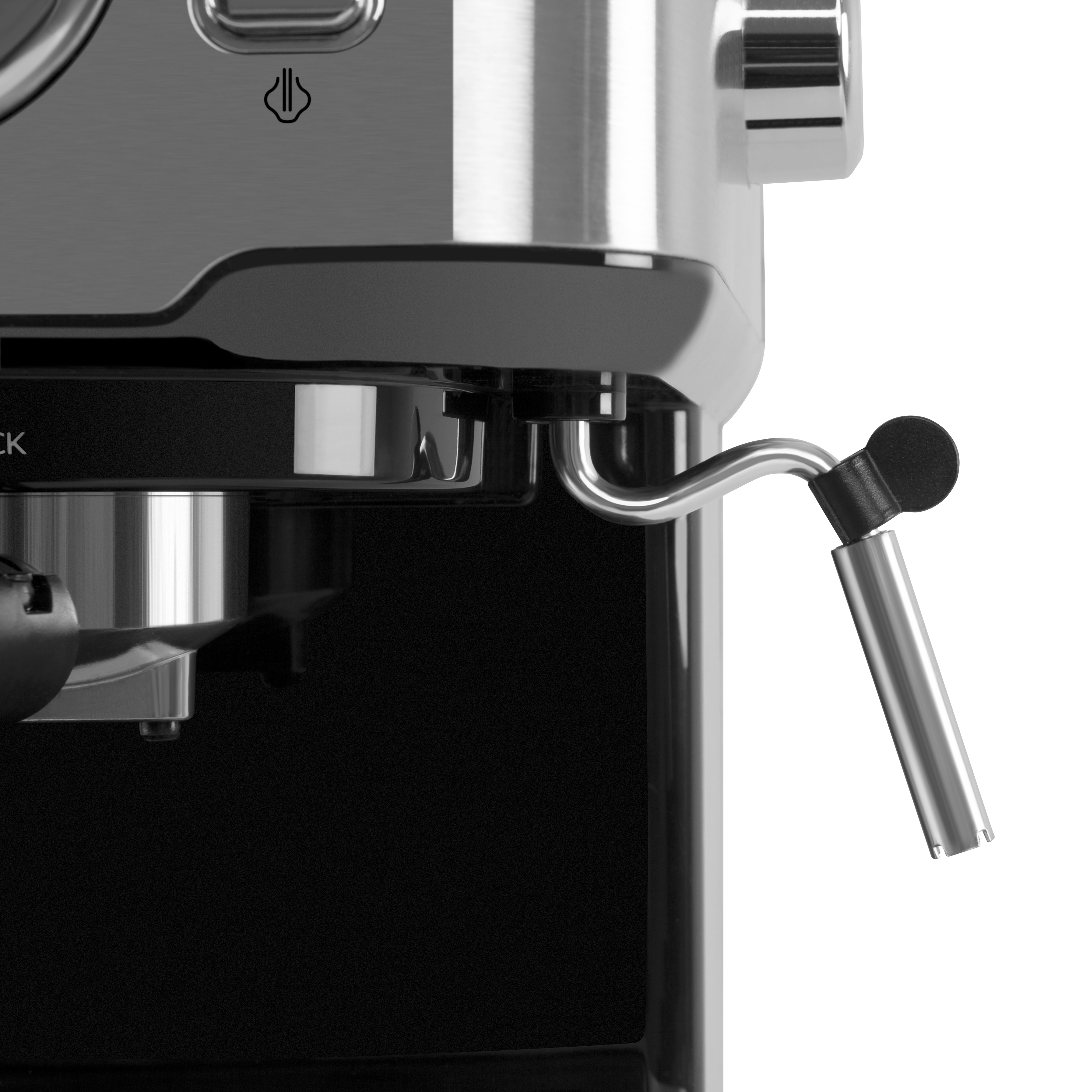 Zbliżenie ekspresu do kawy, pokazujące dyszę do spieniania mleka i inne szczegóły.