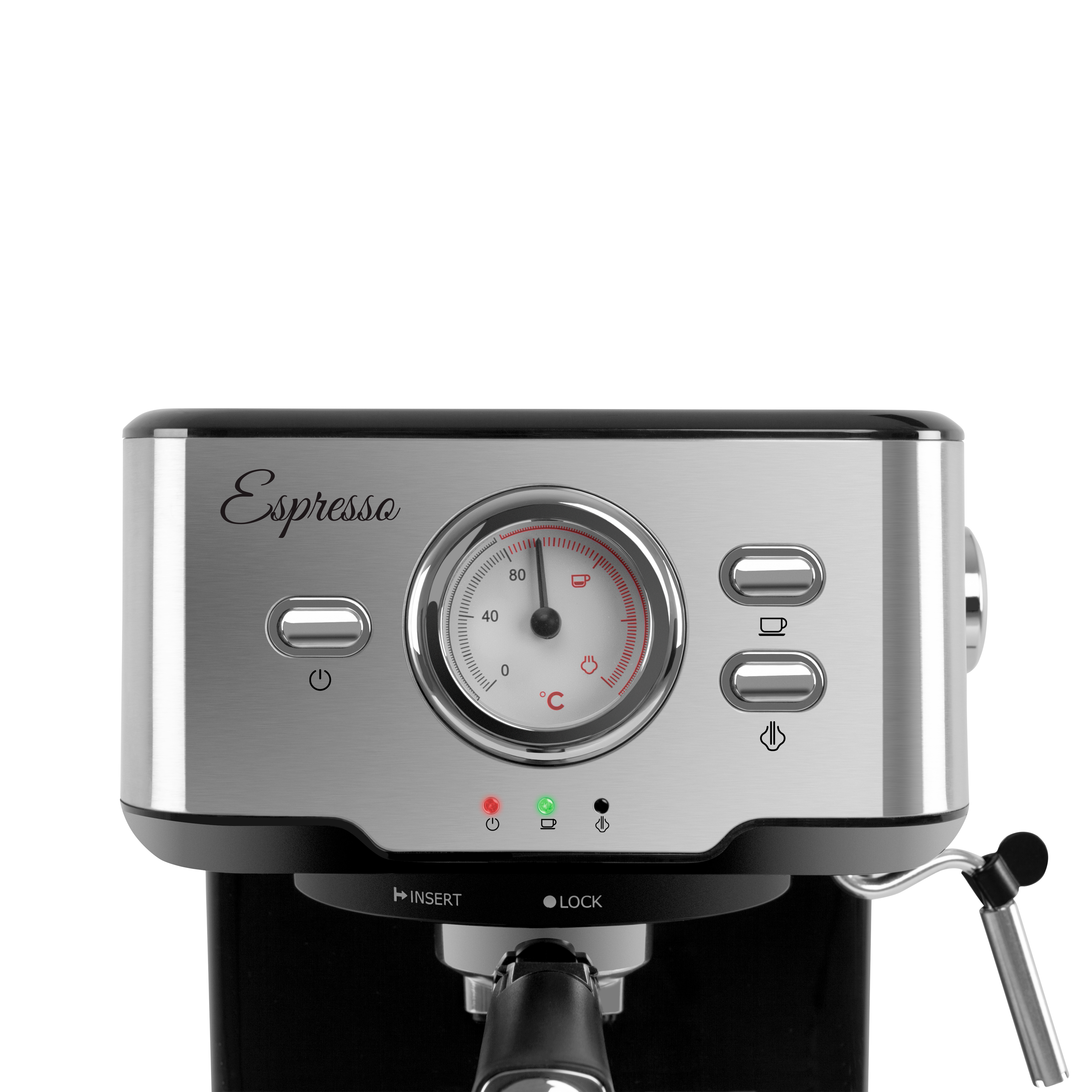 Zbliżenie przodu ekspresu do kawy, pokazujące wskaźnik i przyciski.
