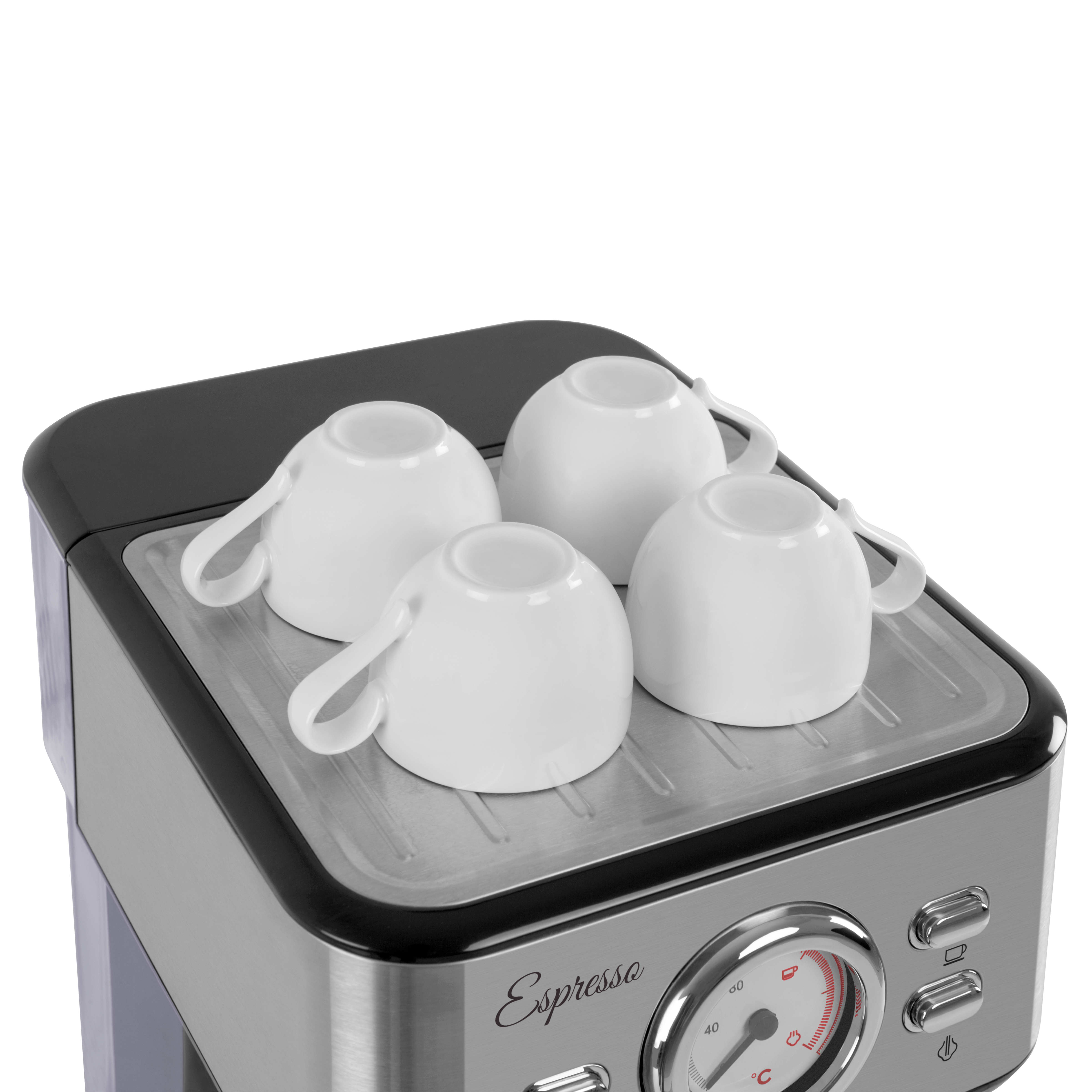 Ekspres do kawy, cztery białe filiżanki na górze. Srebrny i czarny design. Białe tło.