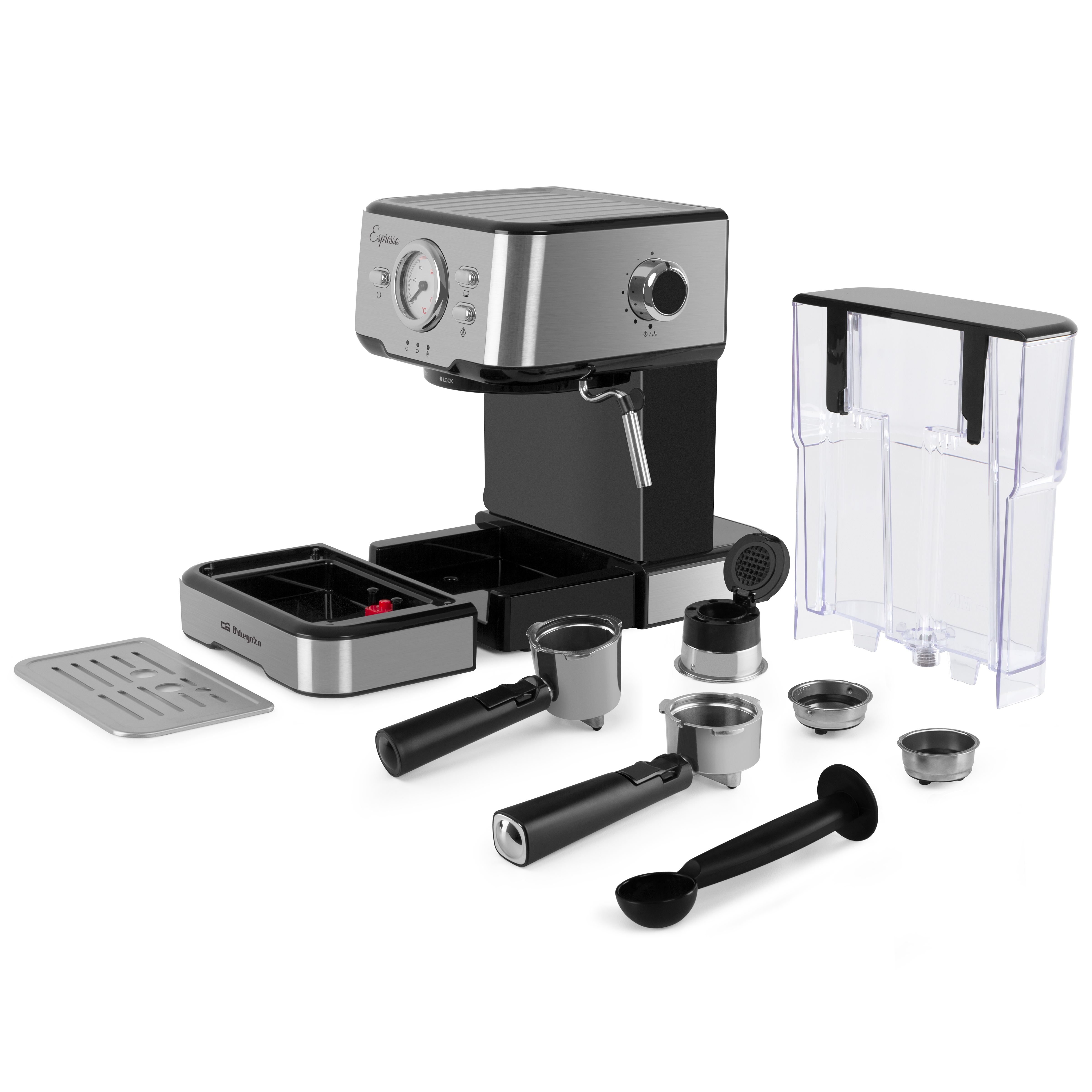 Ekspres do kawy w stanie rozebranym. Komponenty obejmują kolby, zbiornik na wodę i inne części.