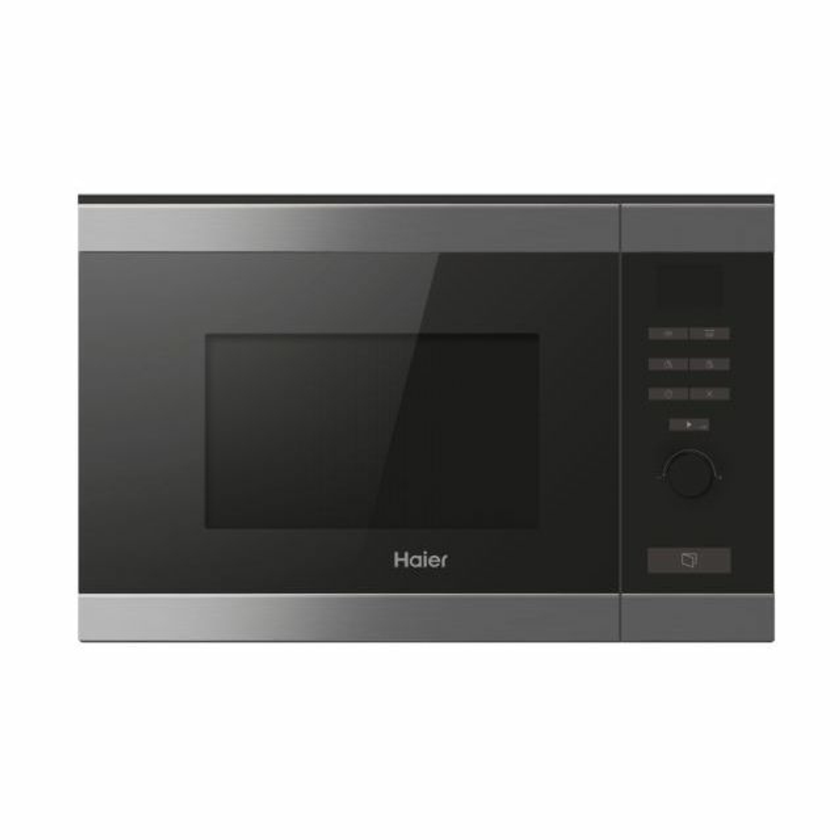 Microondas Haier negro con puerta de vidrio y panel de control.