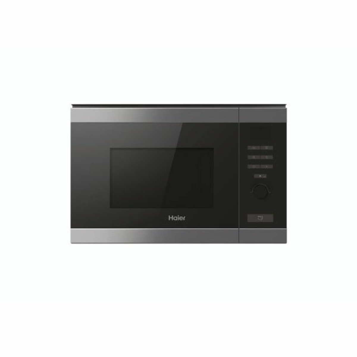 Un microondas Haier. Es negro con un borde plateado. El panel de control está a la derecha.
