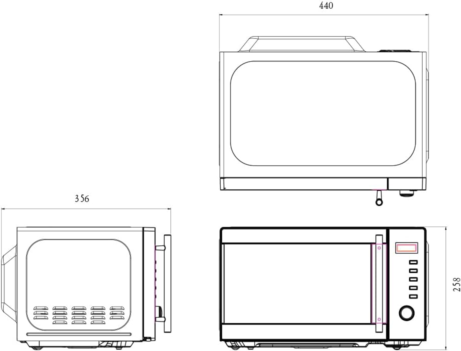 Disegno tecnico di un forno a microonde, che mostra dimensioni e viste diverse.