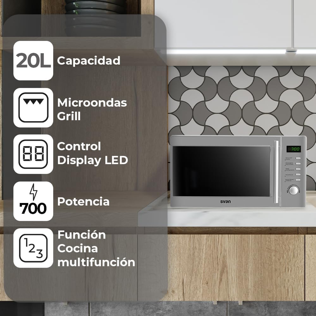 Forno a microonde argentato su un bancone, con un grafico che mostra la capacità e le funzioni di controllo.