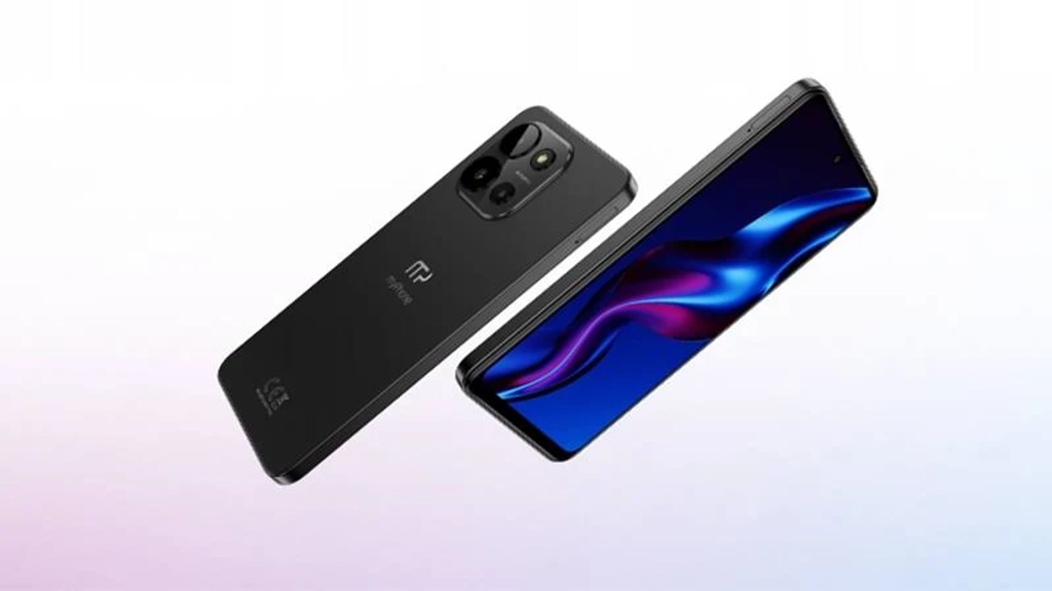 Dwa czarne smartfony z aparatami są ustawione pod kątem, jeden z niebieskim ekranem, na białym tle.