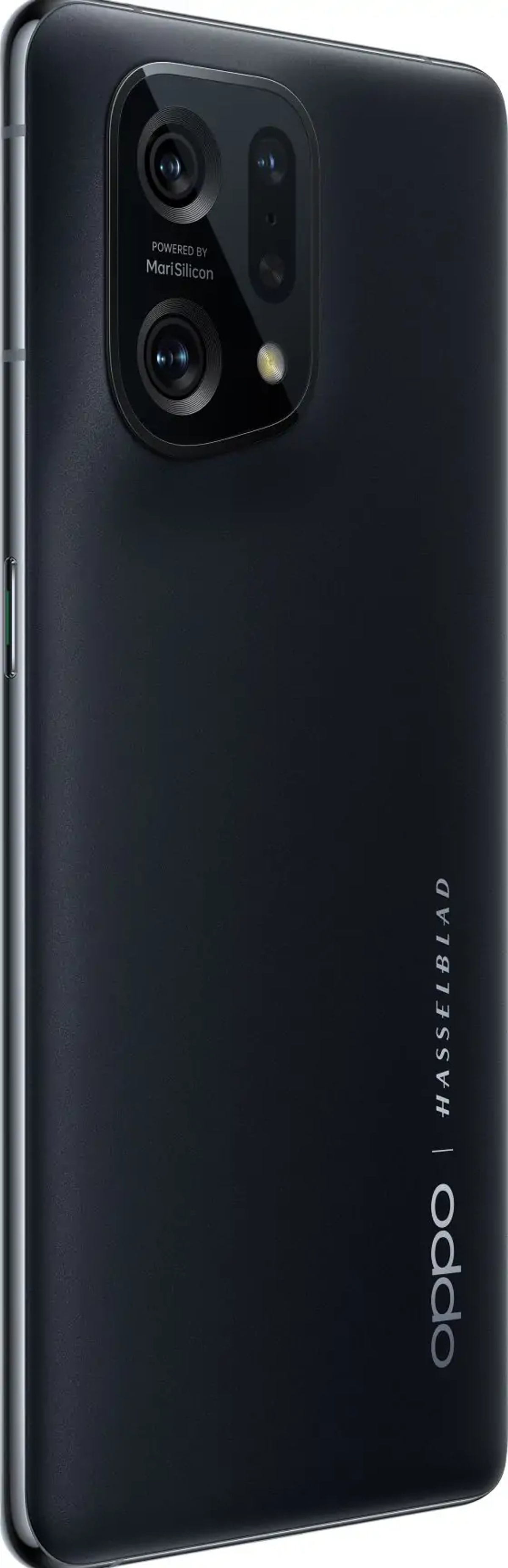 Ein schwarzes Oppo-Handy mit drei Rückkameras und dem Hasselblad-Logo.