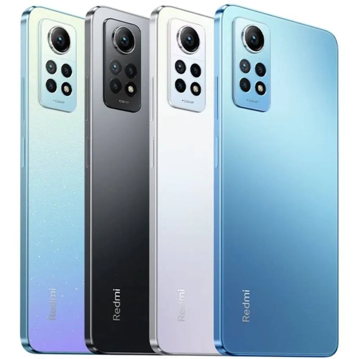 Quattro smartphone di diversi colori, vista posteriore, con configurazione fotocamera. Logo Redmi visibile in basso.
