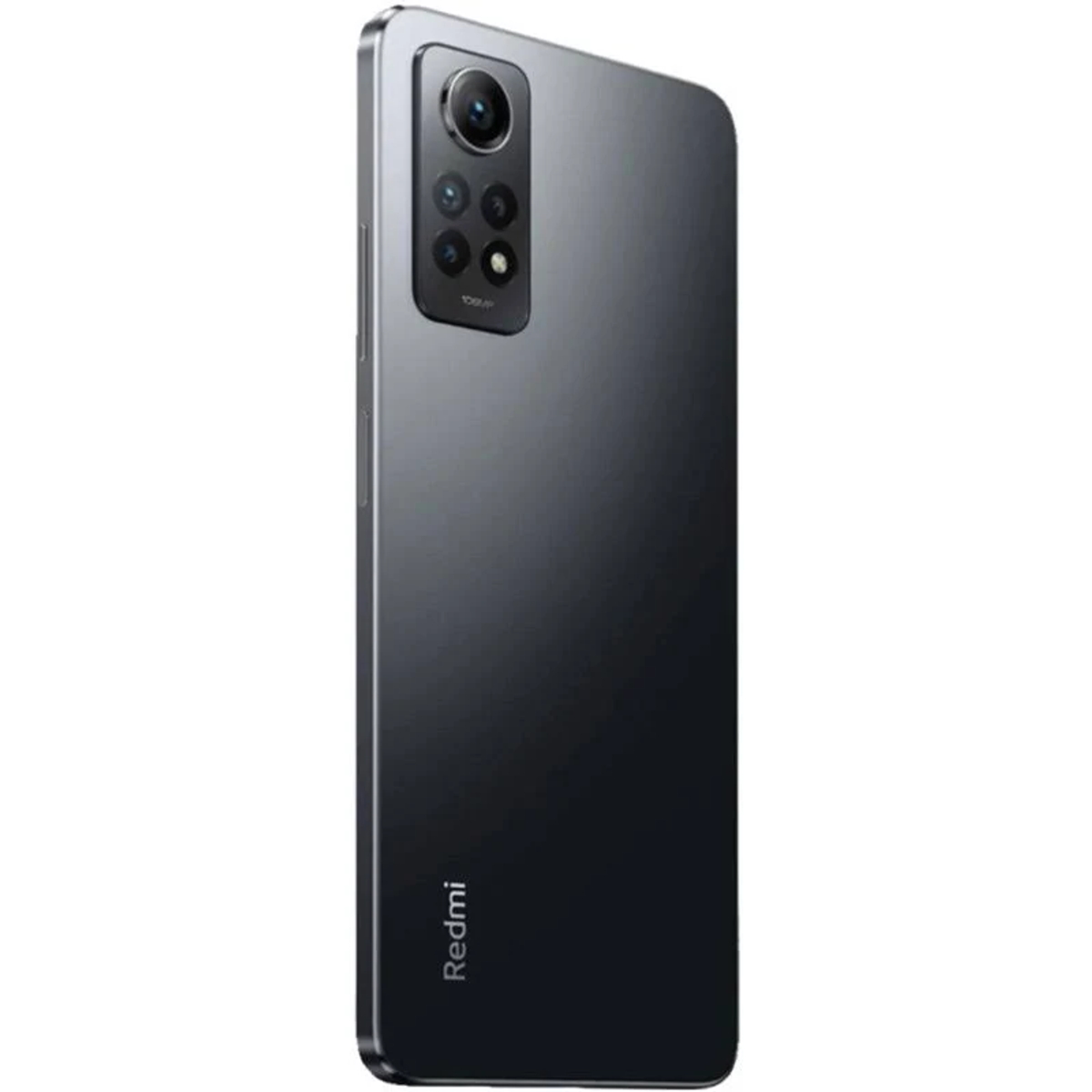 Vista posteriore dello smartphone nero con più fotocamere. Logo Redmi in basso. Colore grigio.