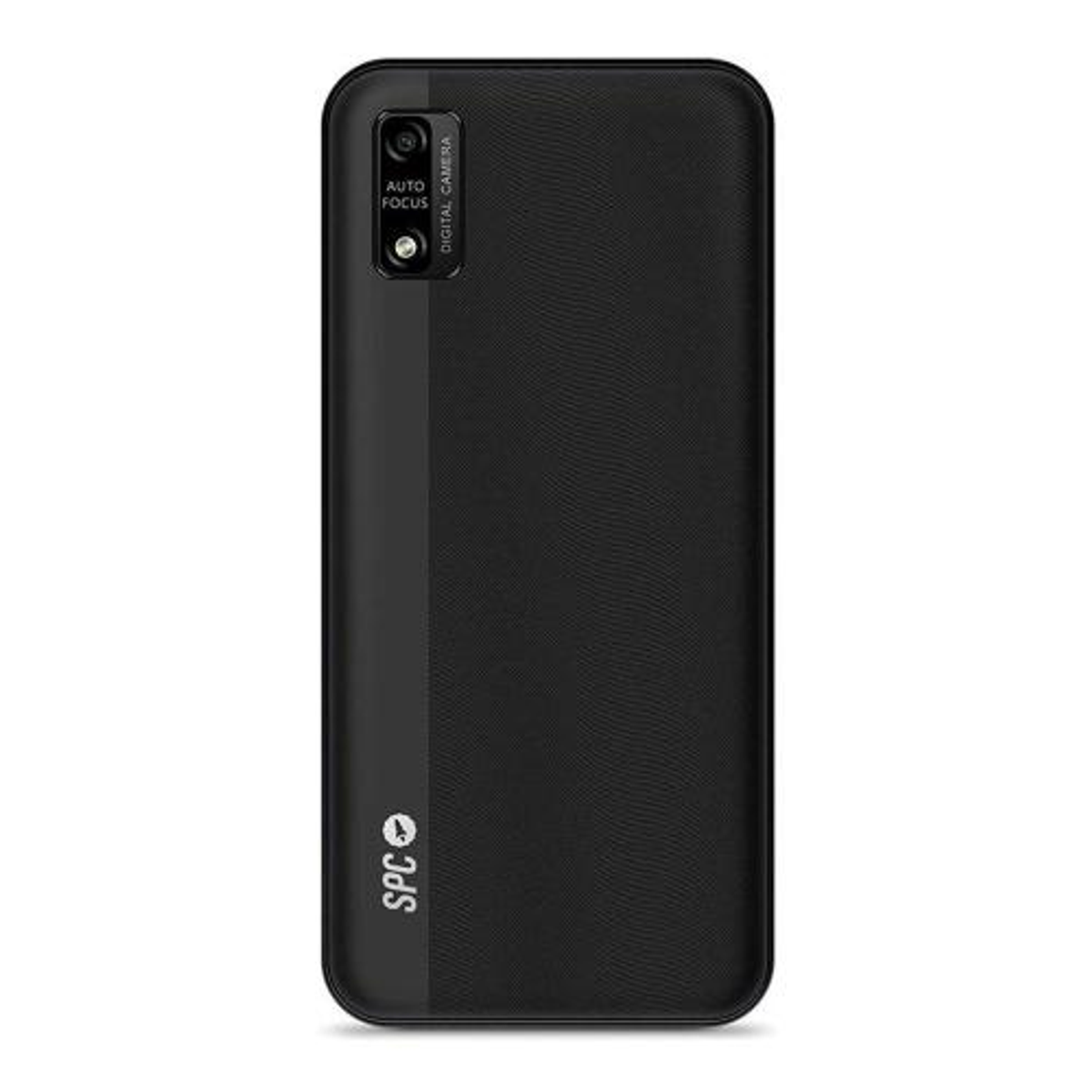 Smartphone negro con diseño de dos tonos, módulo de cámara y logotipo SPC.